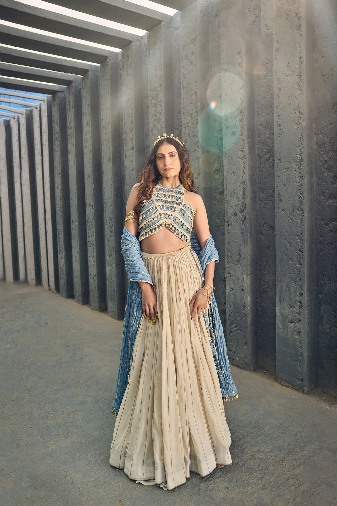 Halter Neck Crop Top With Mal Lehanga And Crushed Cotton Dupatta