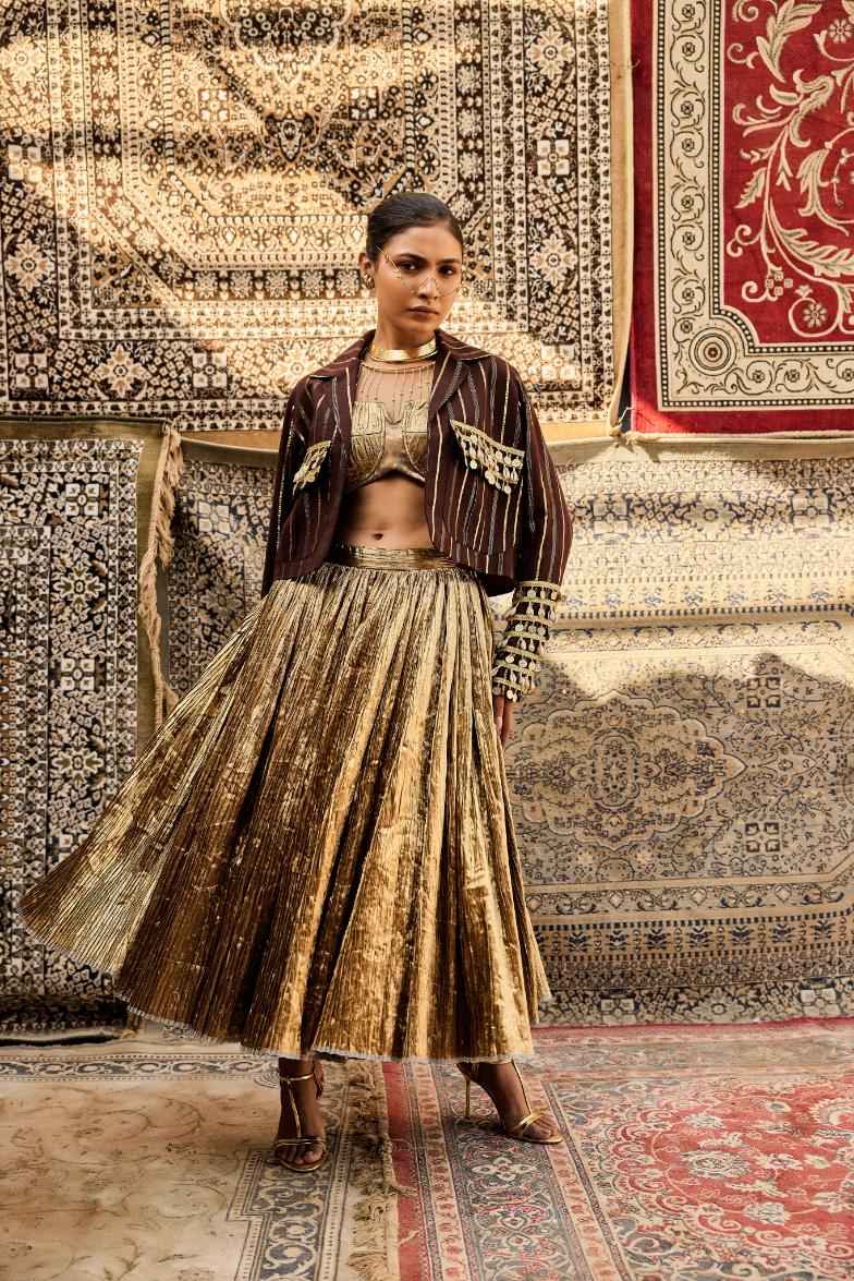 Cotton Brown Jacket Silk Jacquard Bustier Crushed Skirt