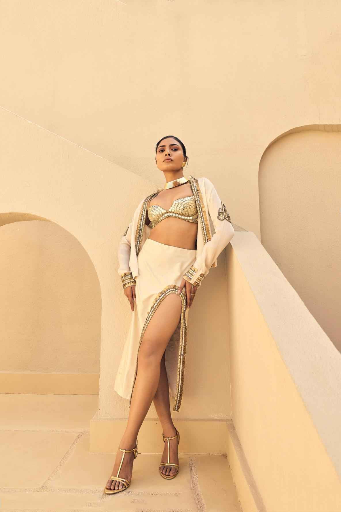 Ivory Satin Organza Embellished Jacket With Skirt And Sequence Work Bralette