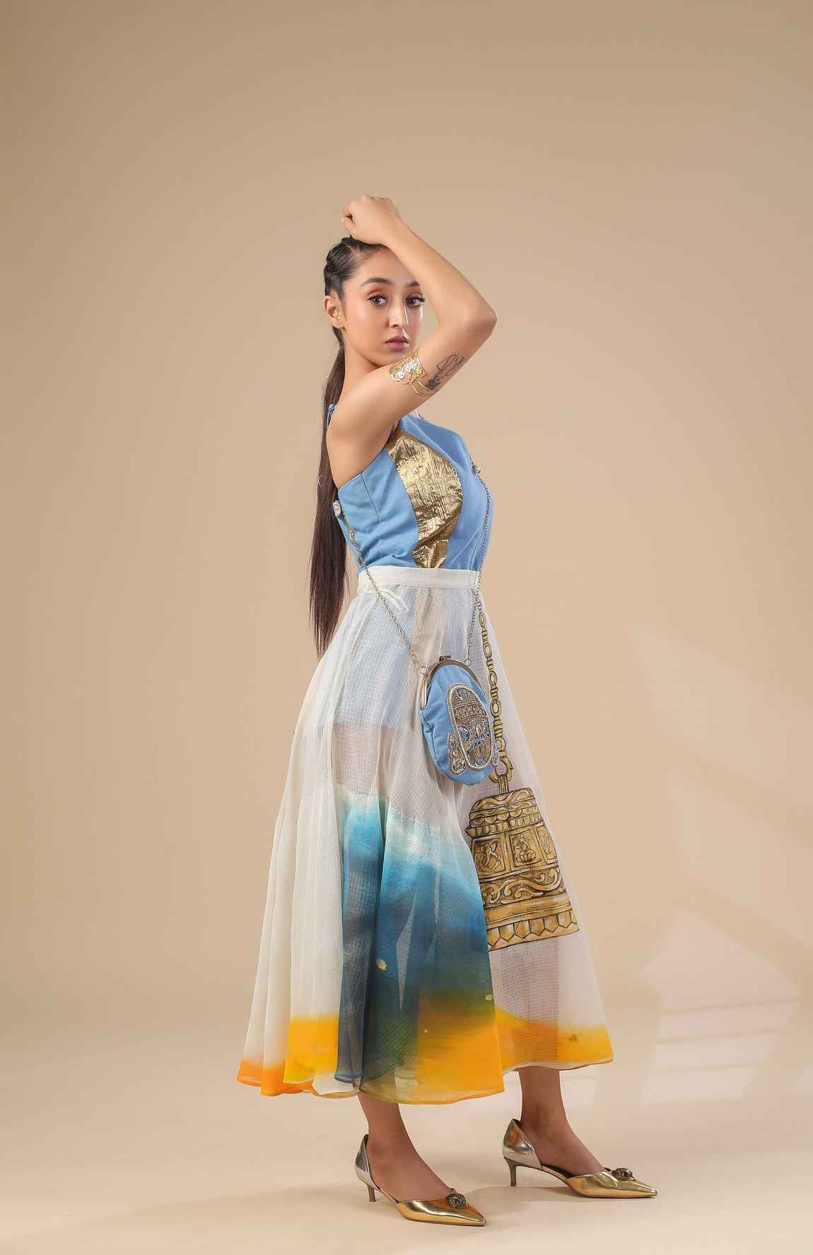 Denim Short Jumpsuit With Sheer Kota Doria Skirt