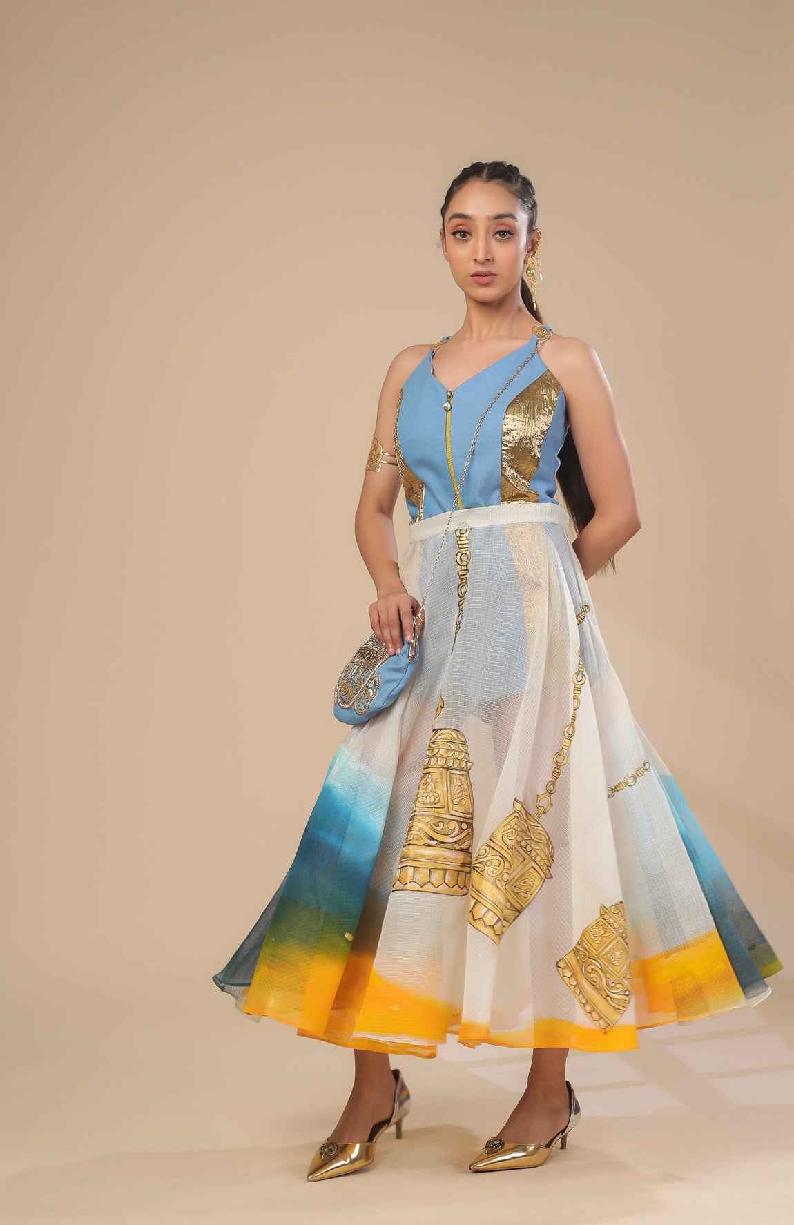 Denim Short Jumpsuit With Sheer Kota Doria Skirt