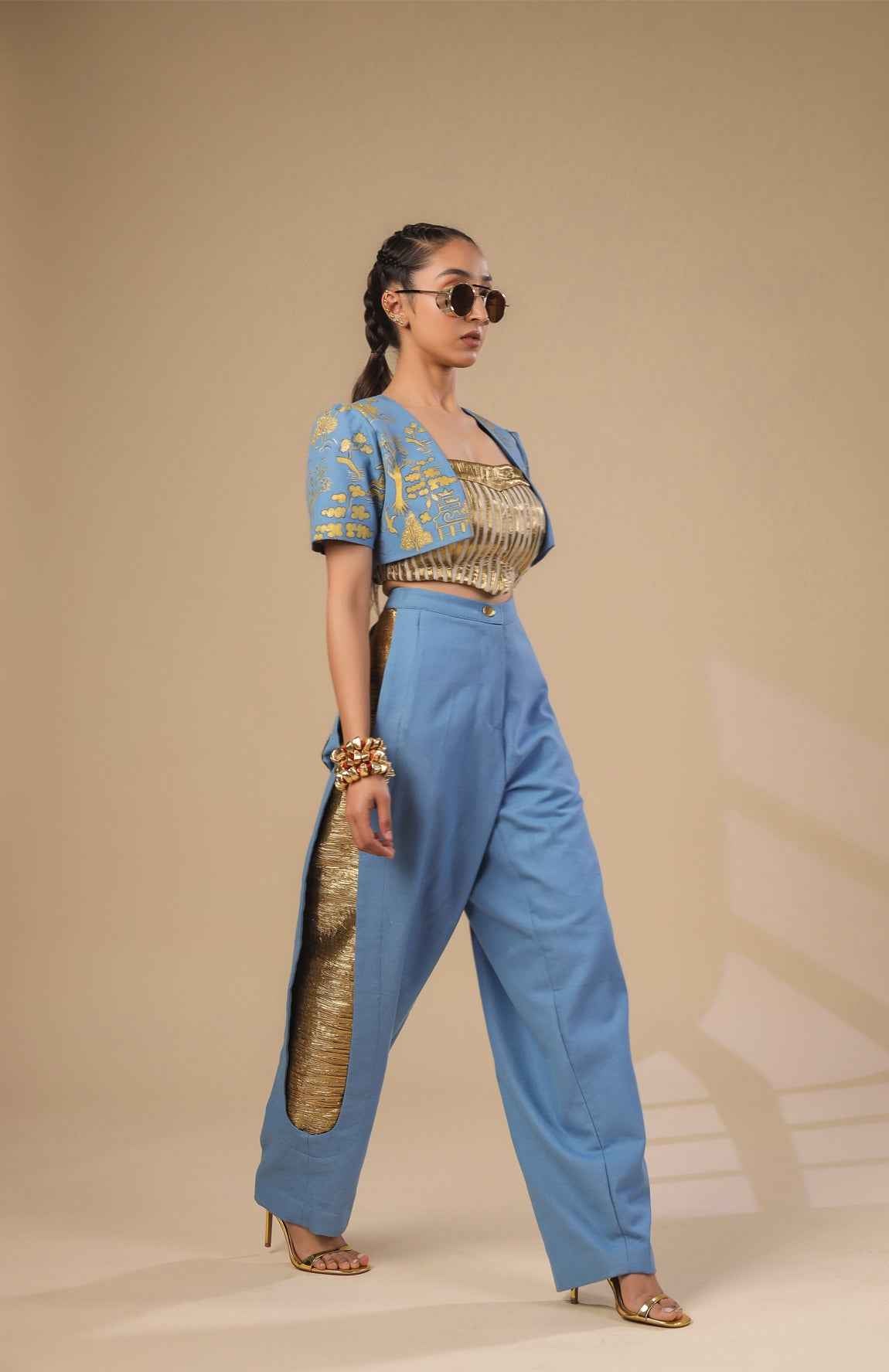 Denim Crop Jacket With Gold And Ivory Pleated Corset With Denim Pants