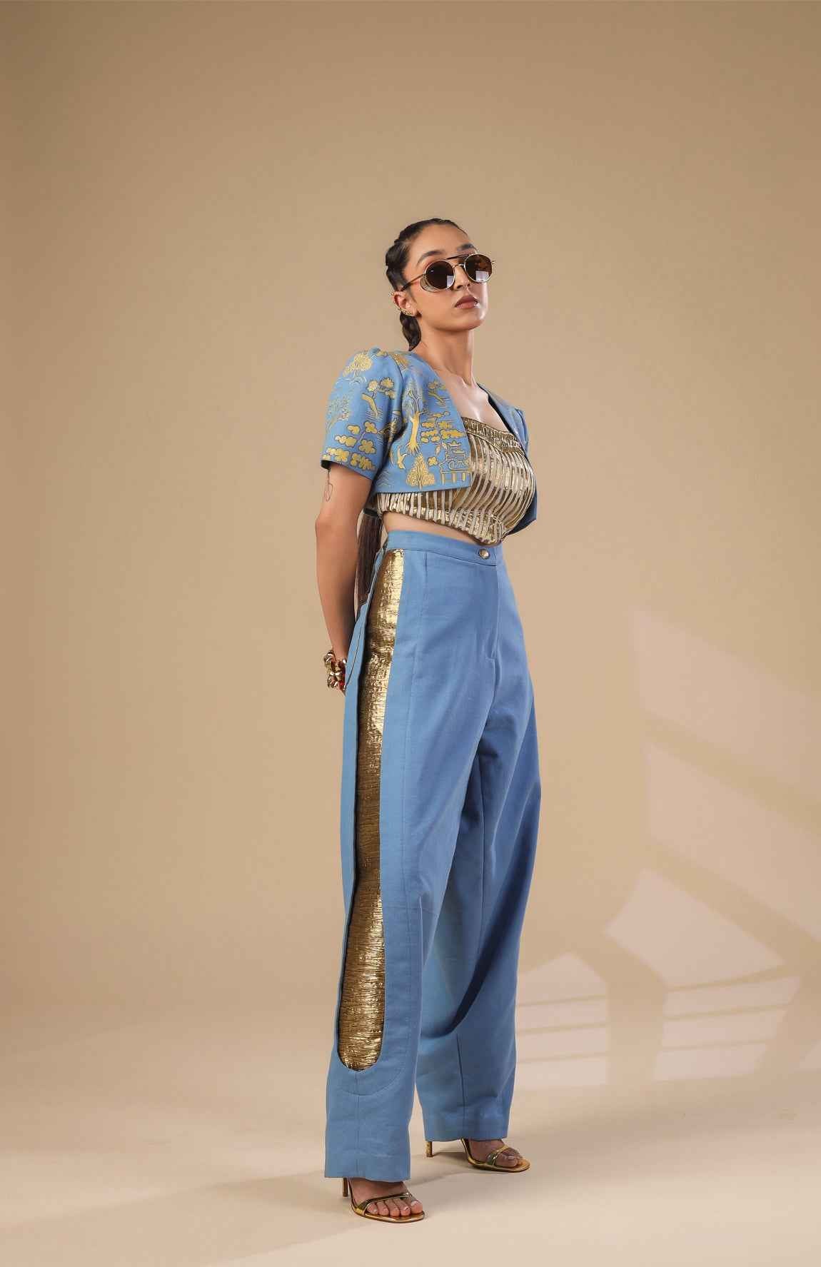 Denim Crop Jacket With Gold And Ivory Pleated Corset With Denim Pants