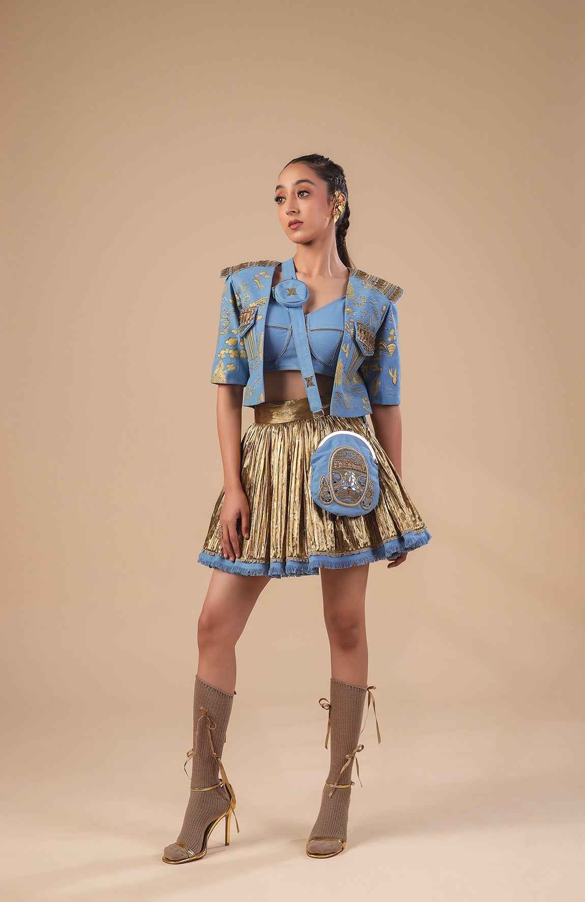 Denim Crop Jacket With Denim Bralette And Gold Skirt