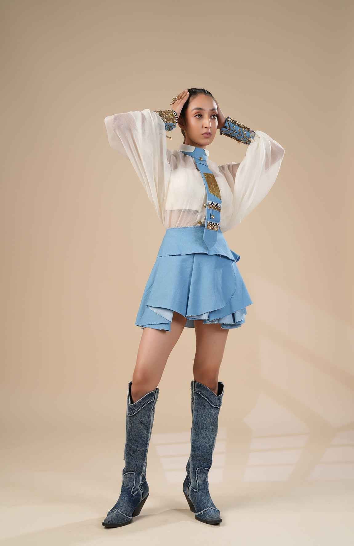 Denim Skirt With Kota Doria Shirt, Cuff And Tie