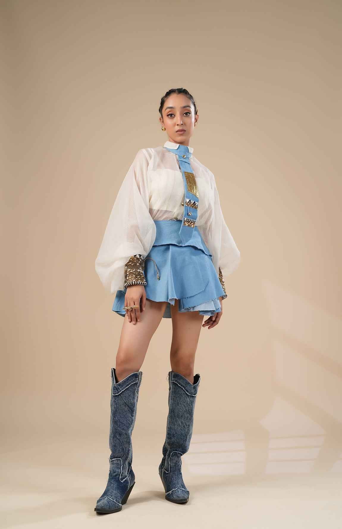 Denim Skirt With Kota Doria Shirt, Cuff And Tie