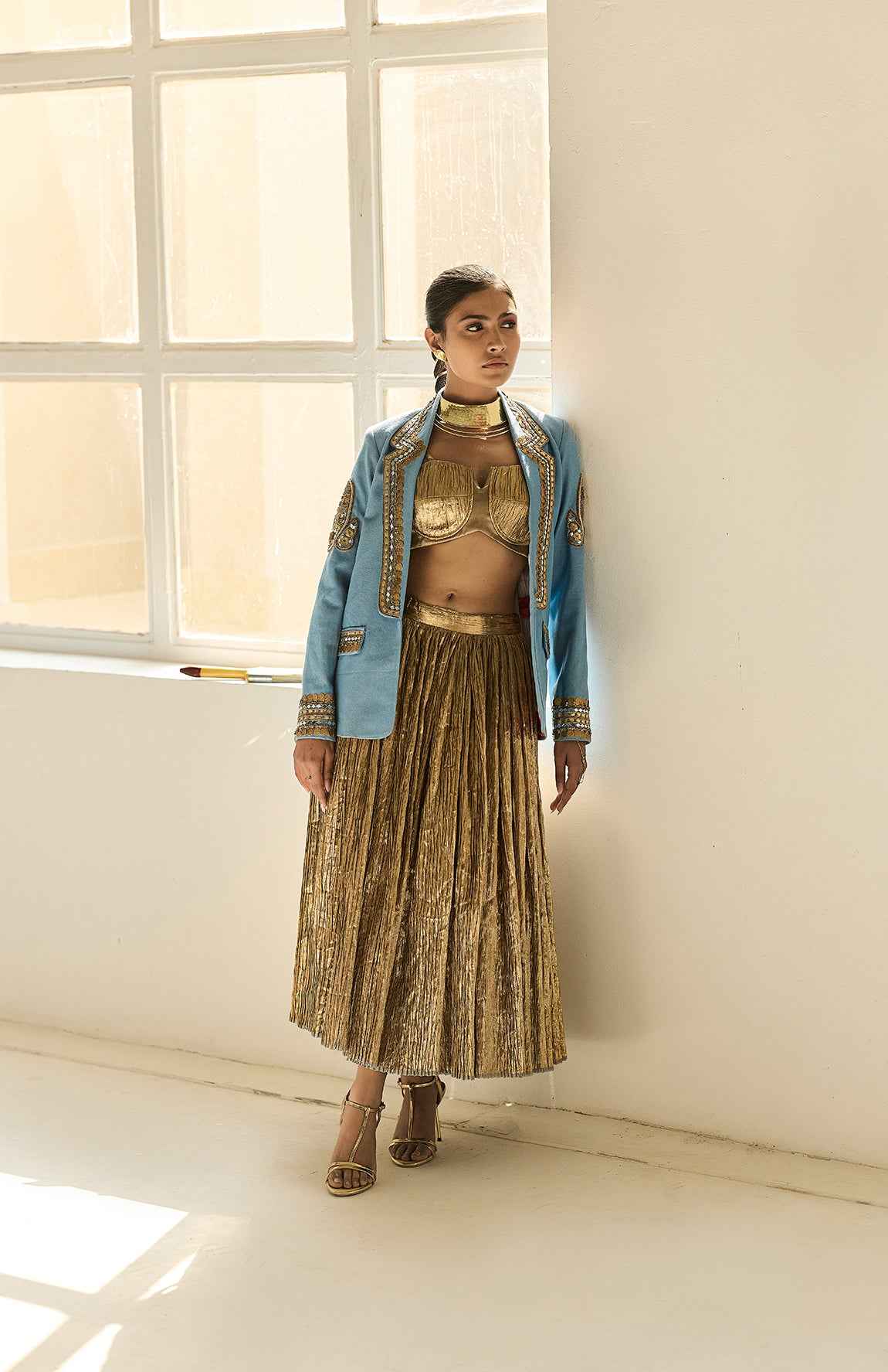 Denim Blazer With Gold Bustier And Silk Jecquard Crushed Lehanga