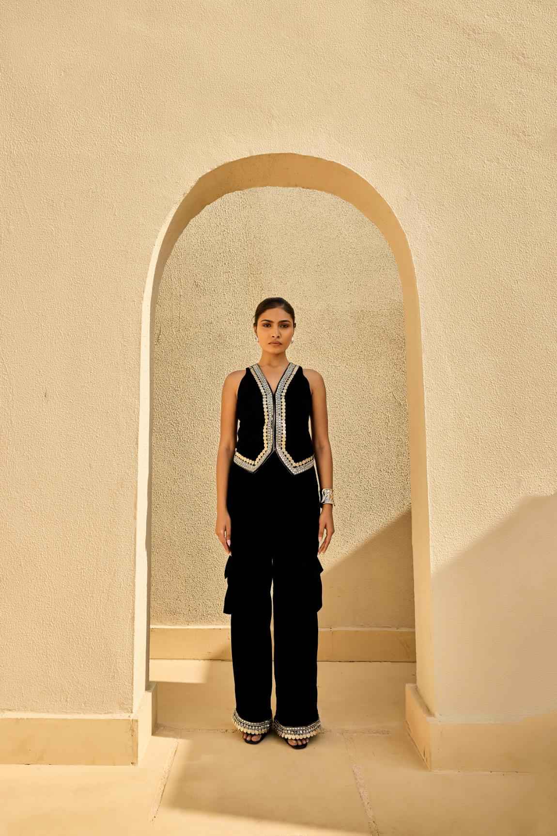 Black Velvet Waist Coat And Velevt Cargo Pants
