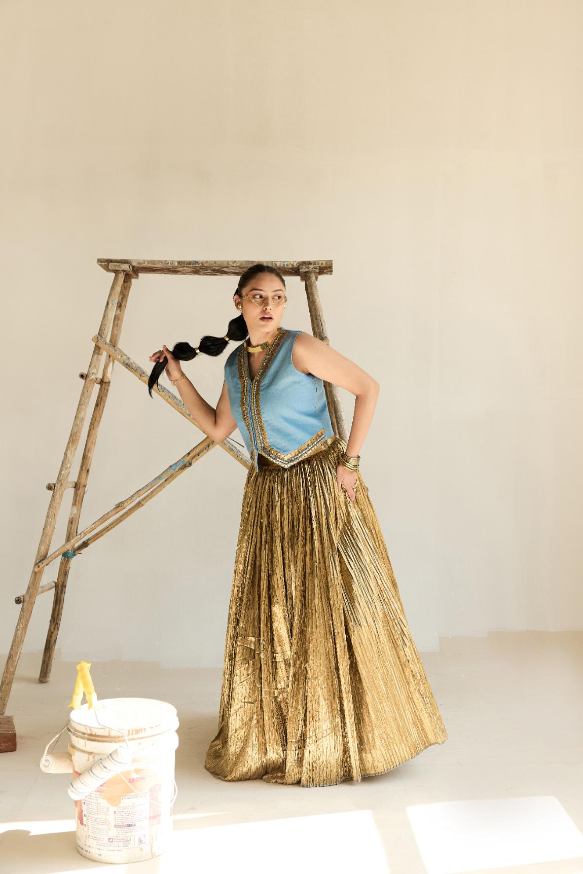 Denim Waist Coat And Silk Jecquard Crushed Lehanga