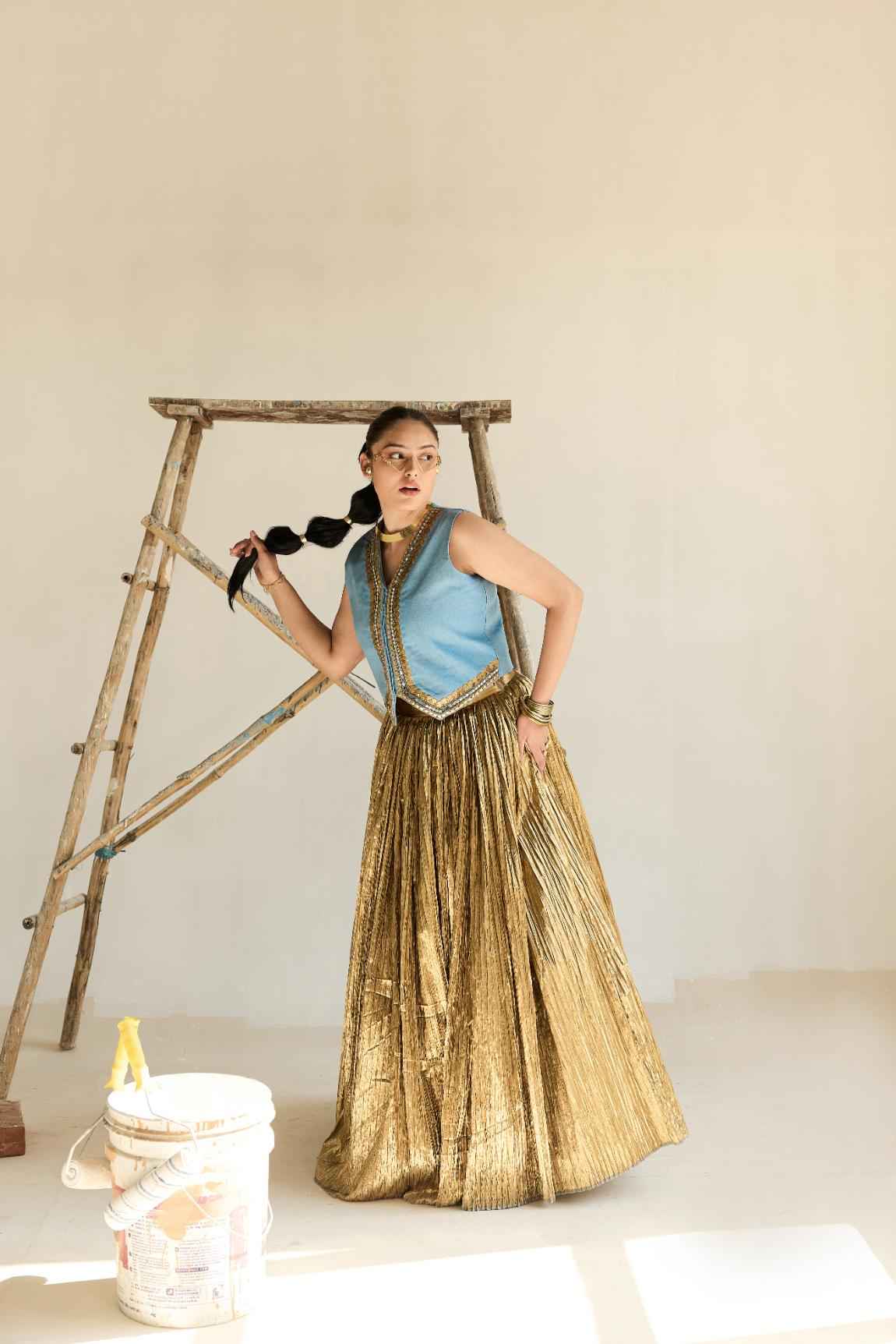 Denim Waist Coat And Silk Jecquard Crushed Lehanga