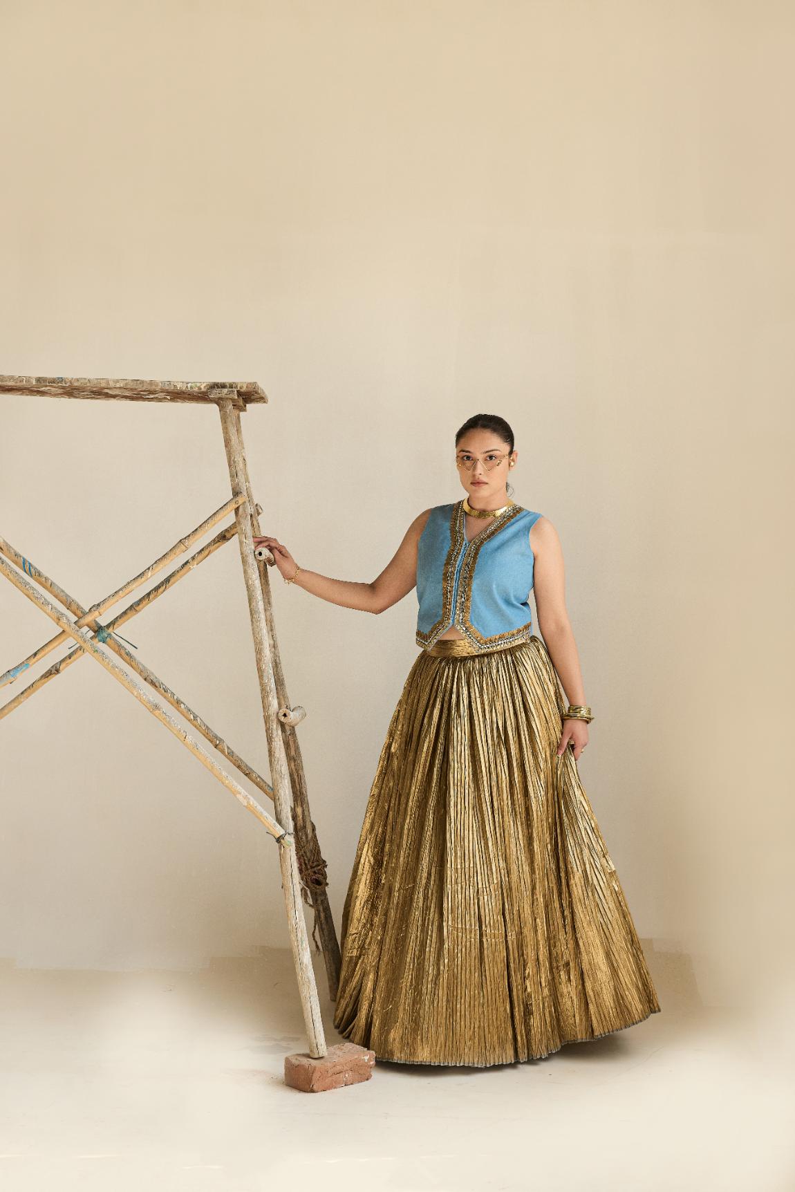 Denim Waist Coat And Silk Jecquard Crushed Lehanga