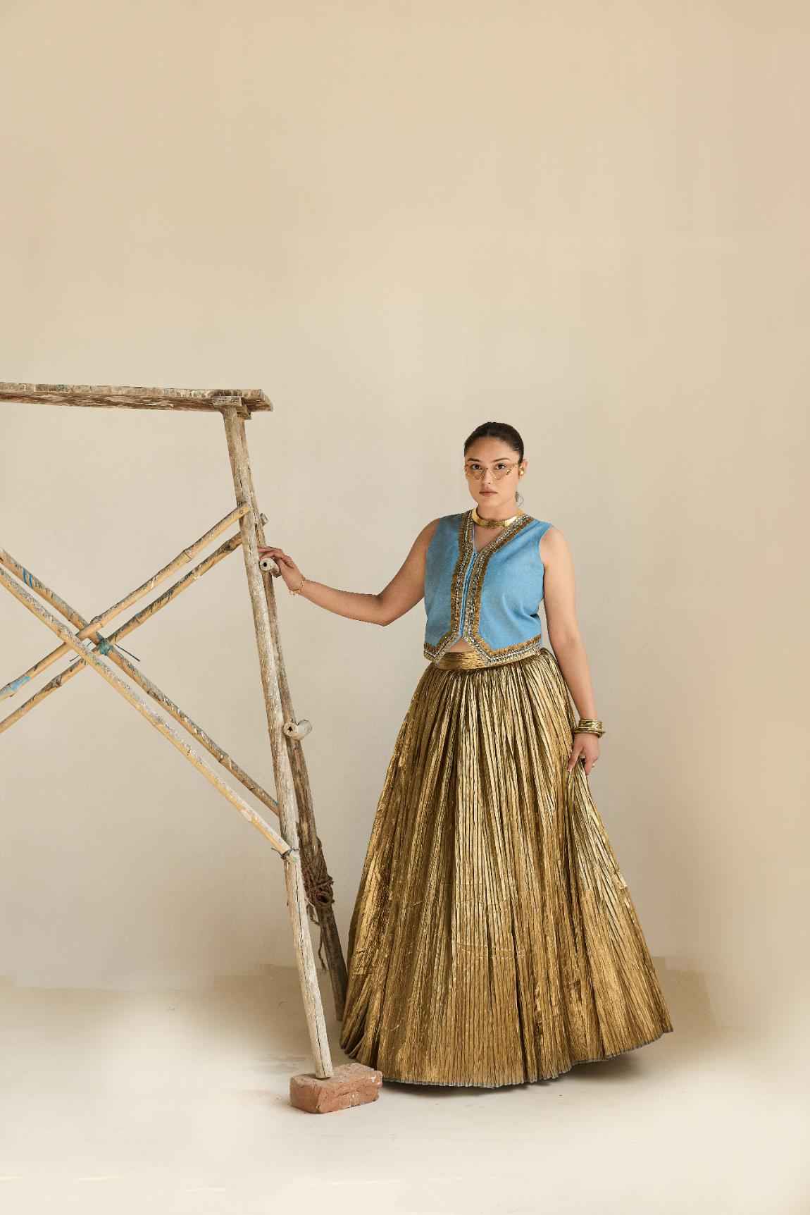 Denim Waist Coat And Silk Jecquard Crushed Lehanga