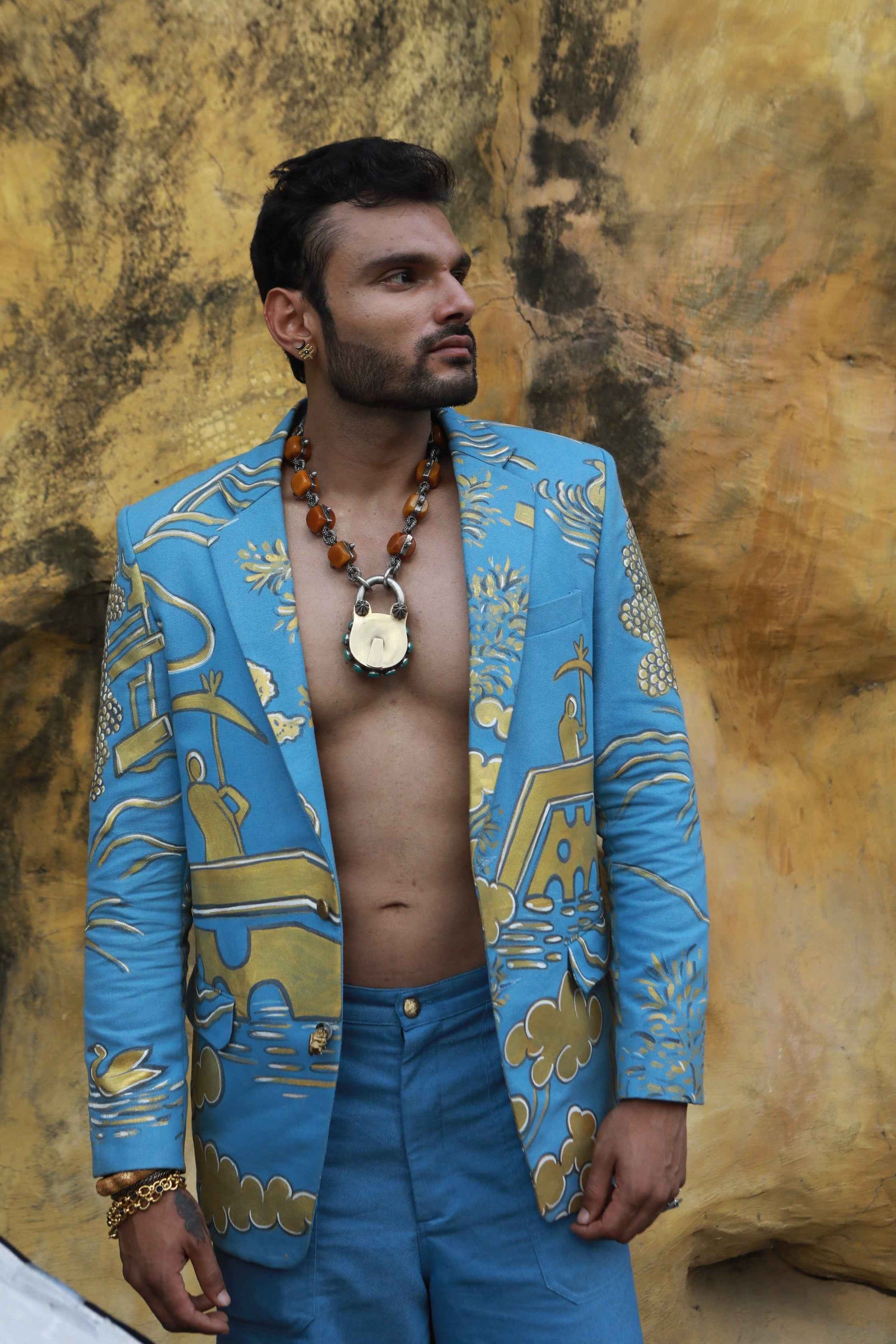 Devi Drape Denim Hand Painted Blazer