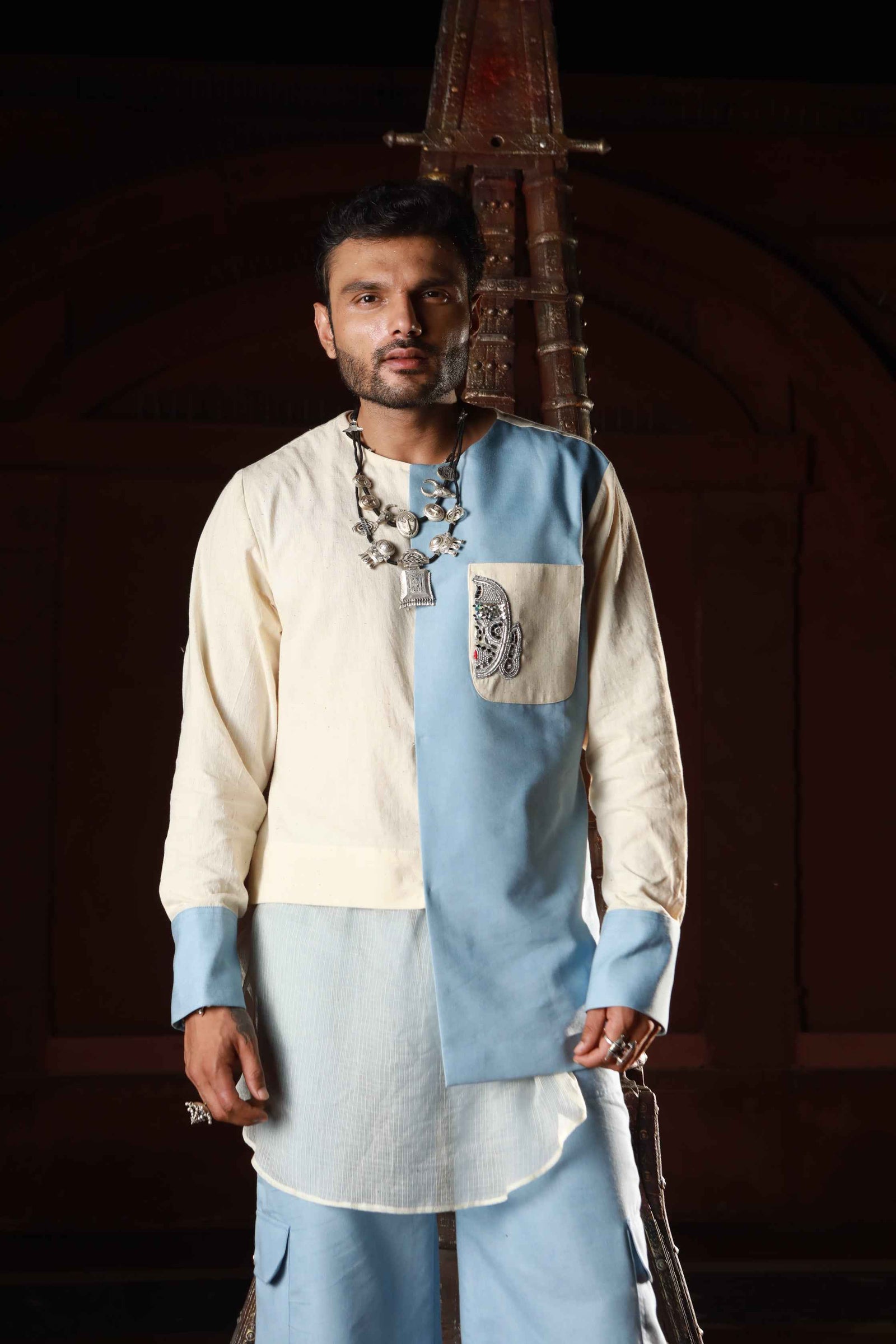 Devi Drape Khadi And Denim Panelled Kurta With Denim Pants