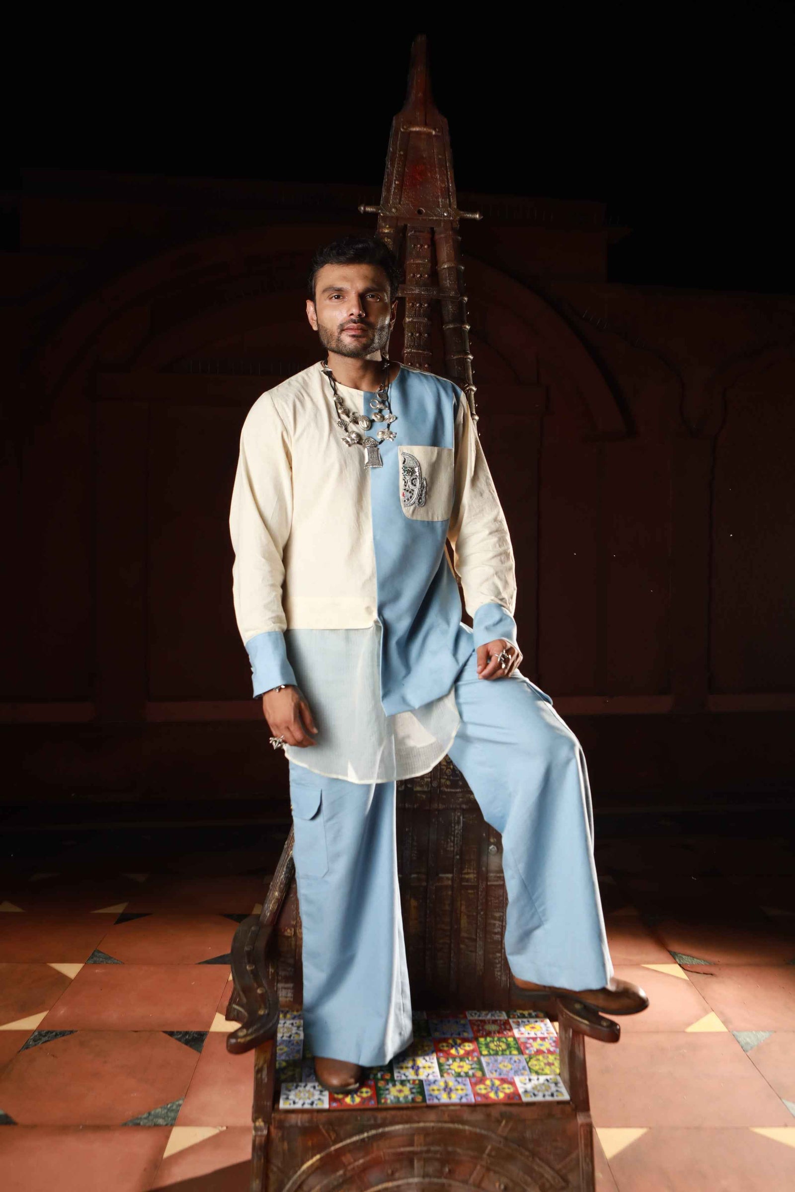 Devi Drape Khadi And Denim Panelled Kurta With Denim Pants