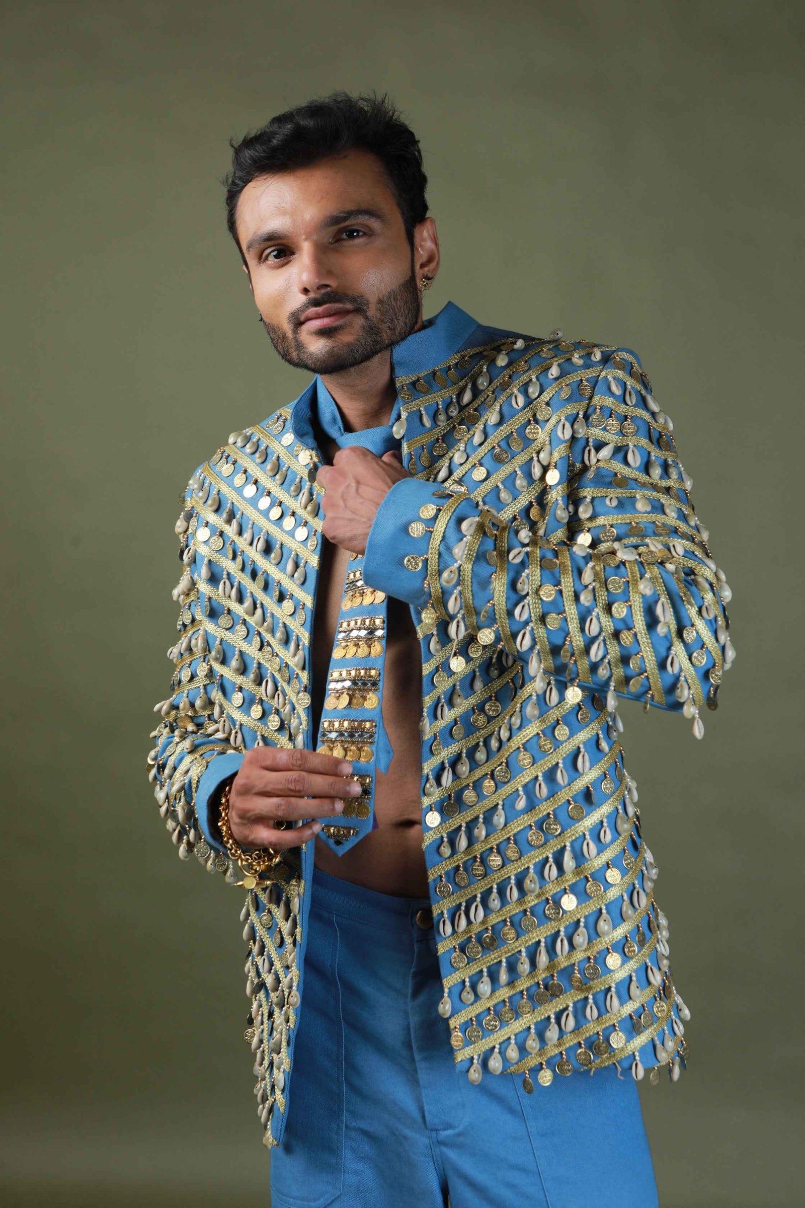 Devi Drape Denim Blazer Embellished With Coin And Kodi And Embellished Tie With Denim Cargo Pants