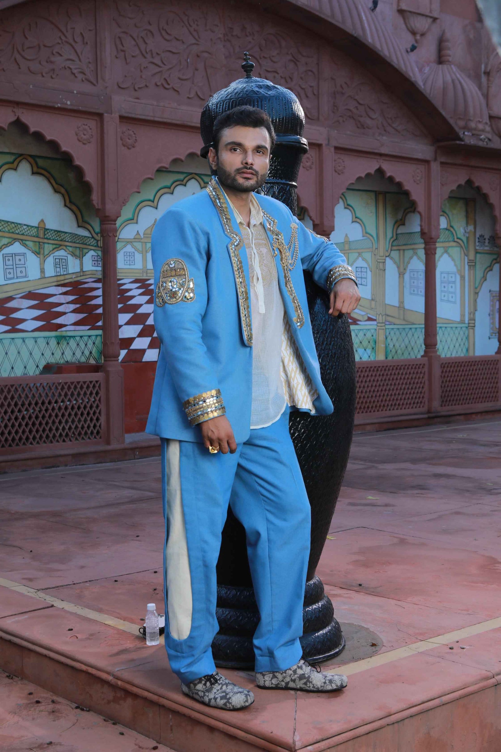 Devi Drape Denim Blazer And Kota Doria Shirt And Denim Pants