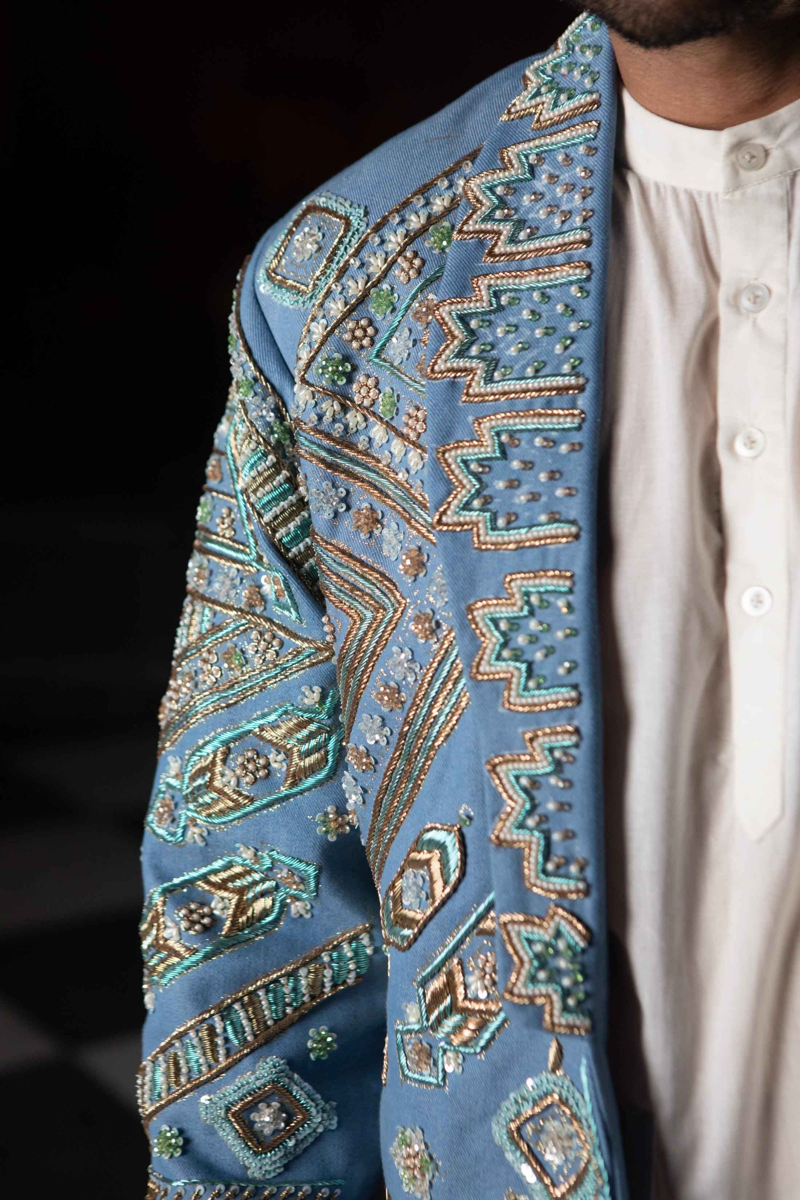 Devi Drape Denim Embellished Blazer With Kurta And Pajama