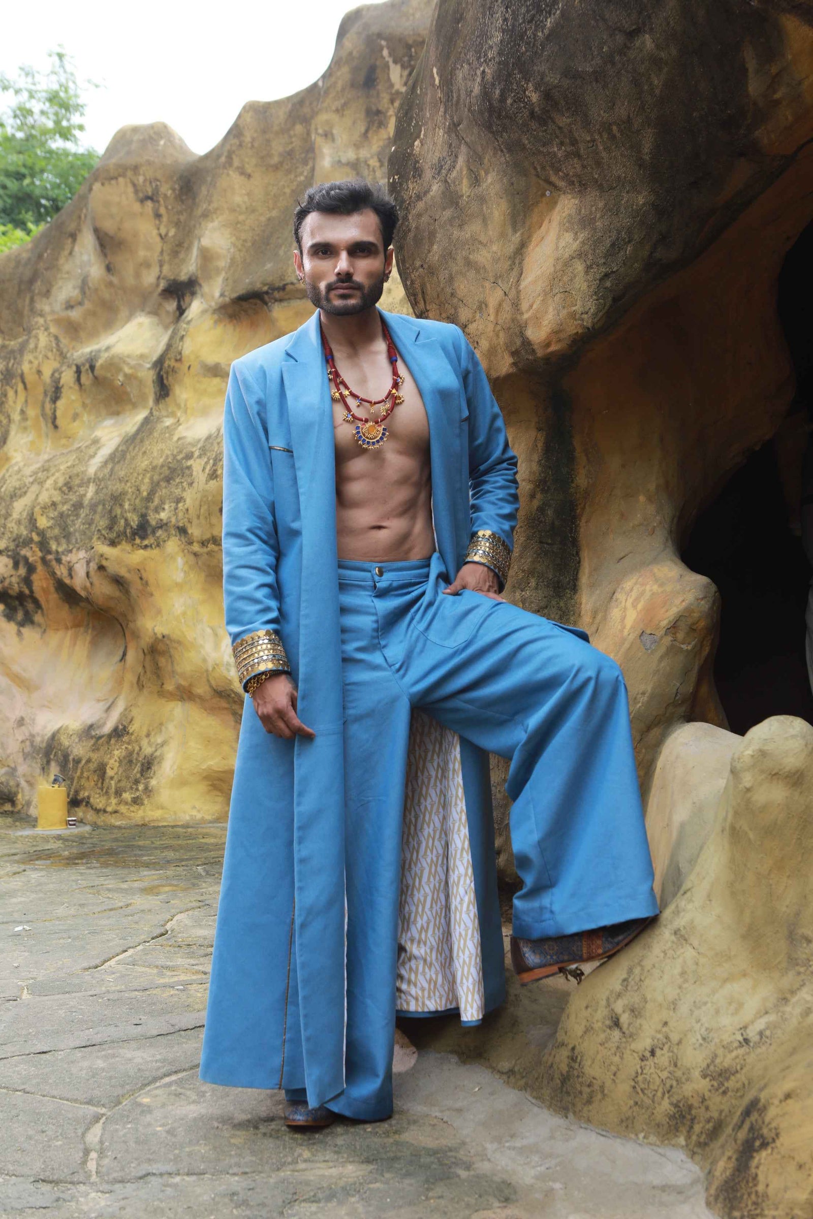 Devi Drape Denim Trench Coat With Denim Cargo Pants