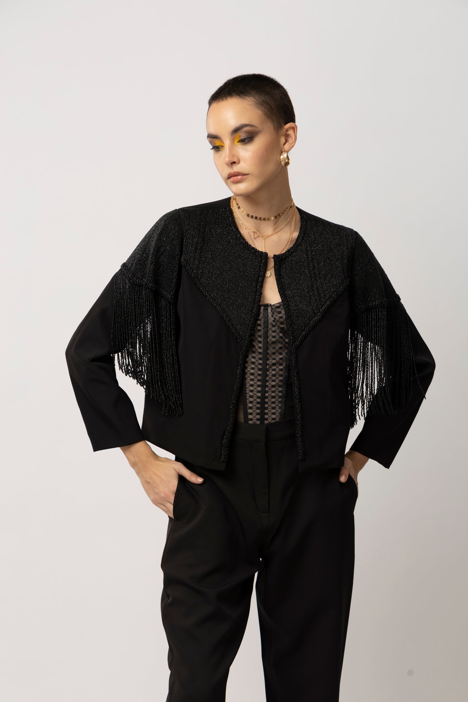 Tyler Beaded Black Fringe Jacket