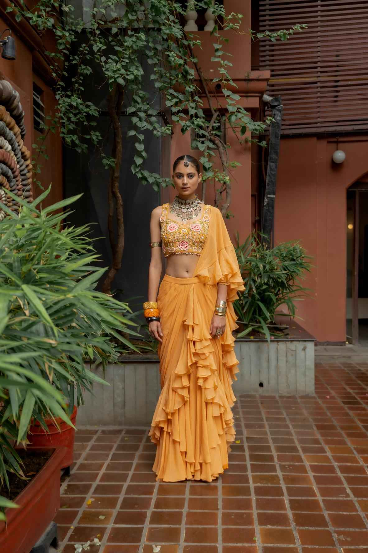 Orange Georgette Draped Ruffle Saree Set