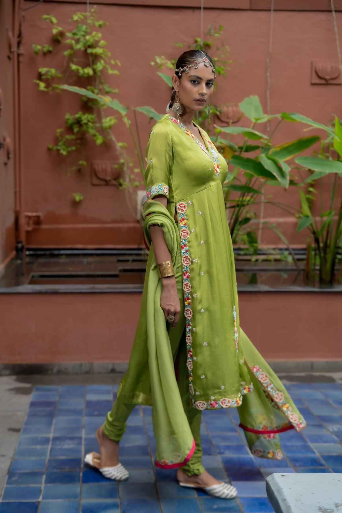 Green Organza Satin Kurta Set