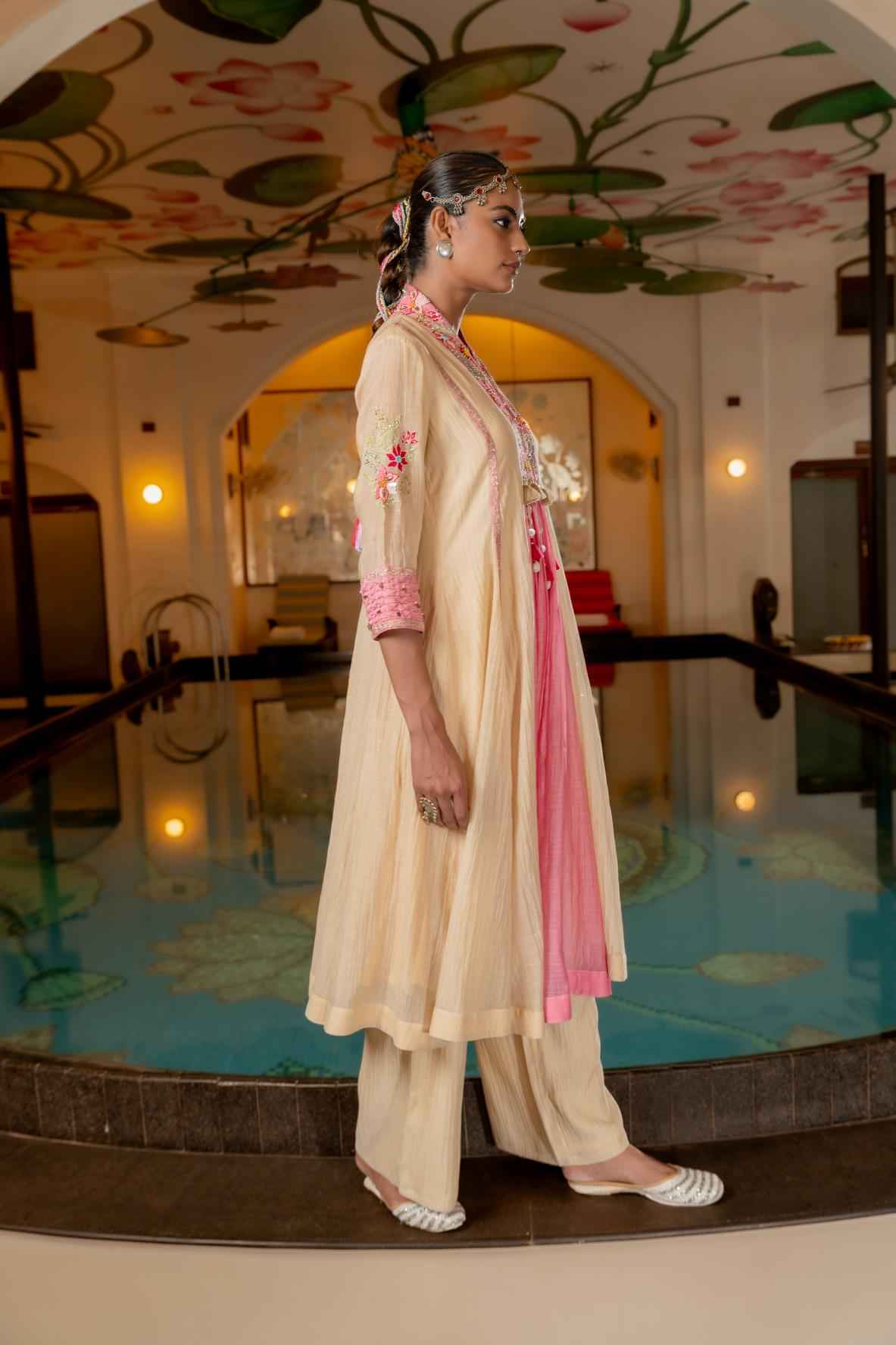 Beige Malai Chanderi Kurta Set
