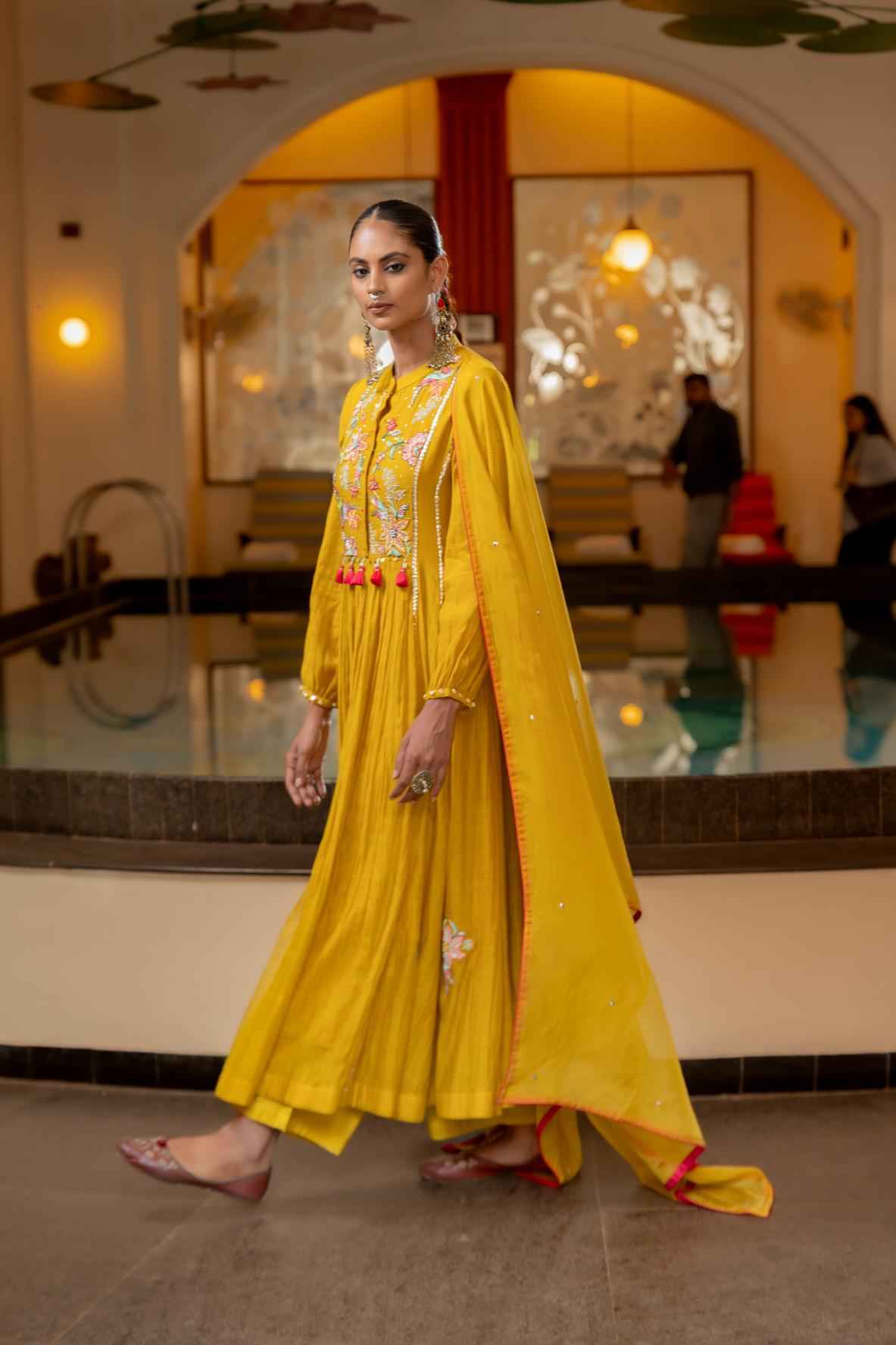 Musturd Malai Chanderi Anarkali Set