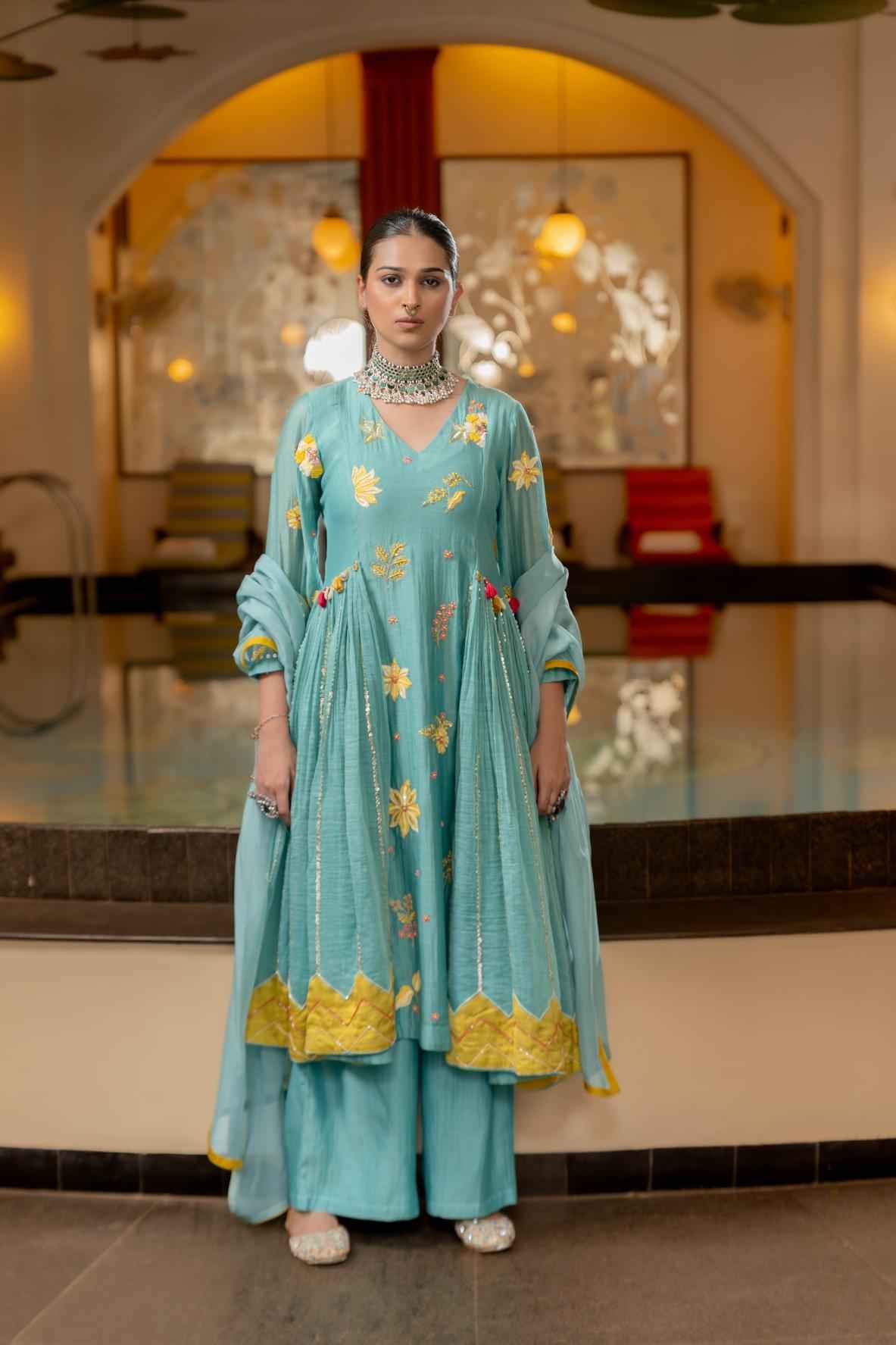 Blue Malai Chanderi Kurta Set