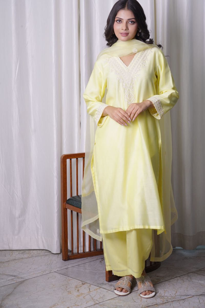 Yellow Kurta Set In Chanderi Base Fabric