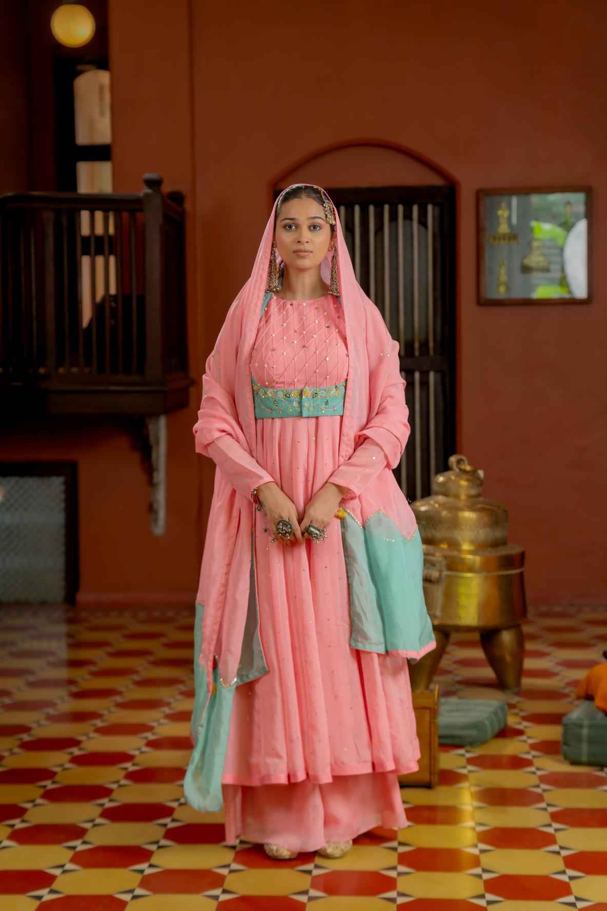 Pink Organza Anarkali Set
