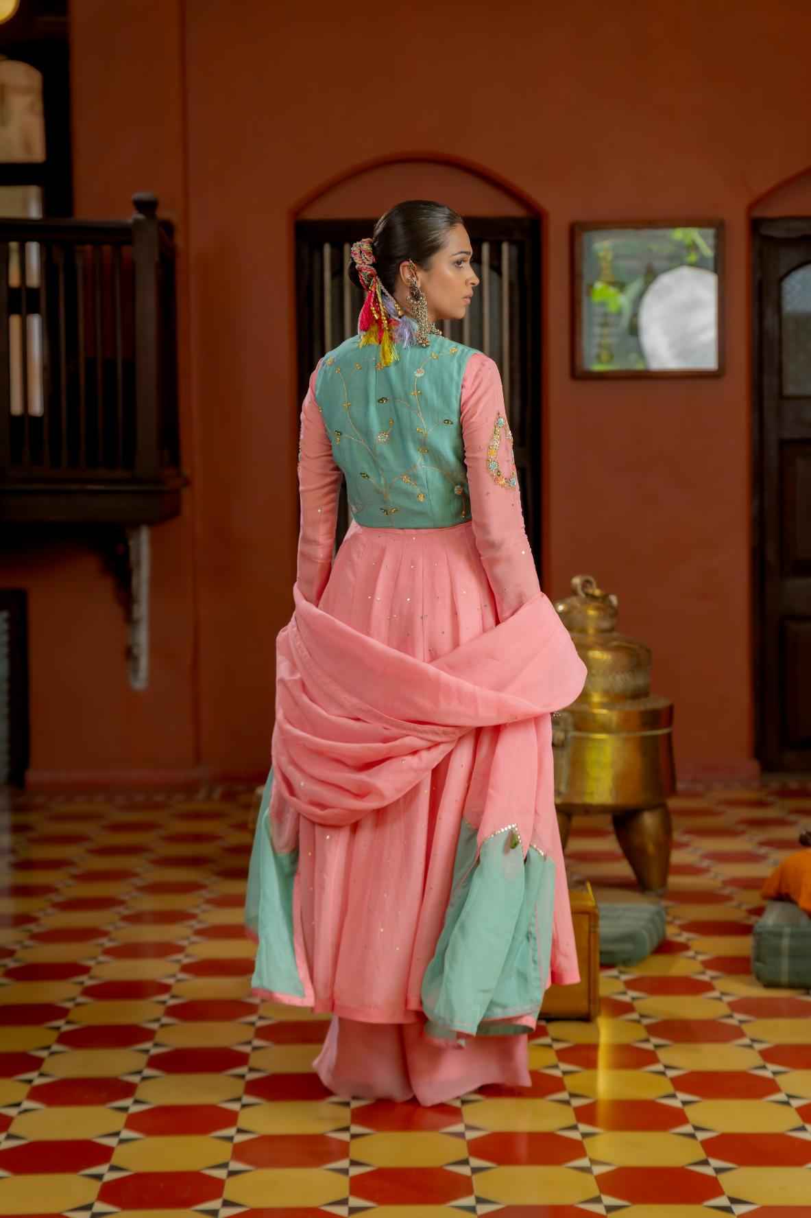 Pink Organza Anarkali Set