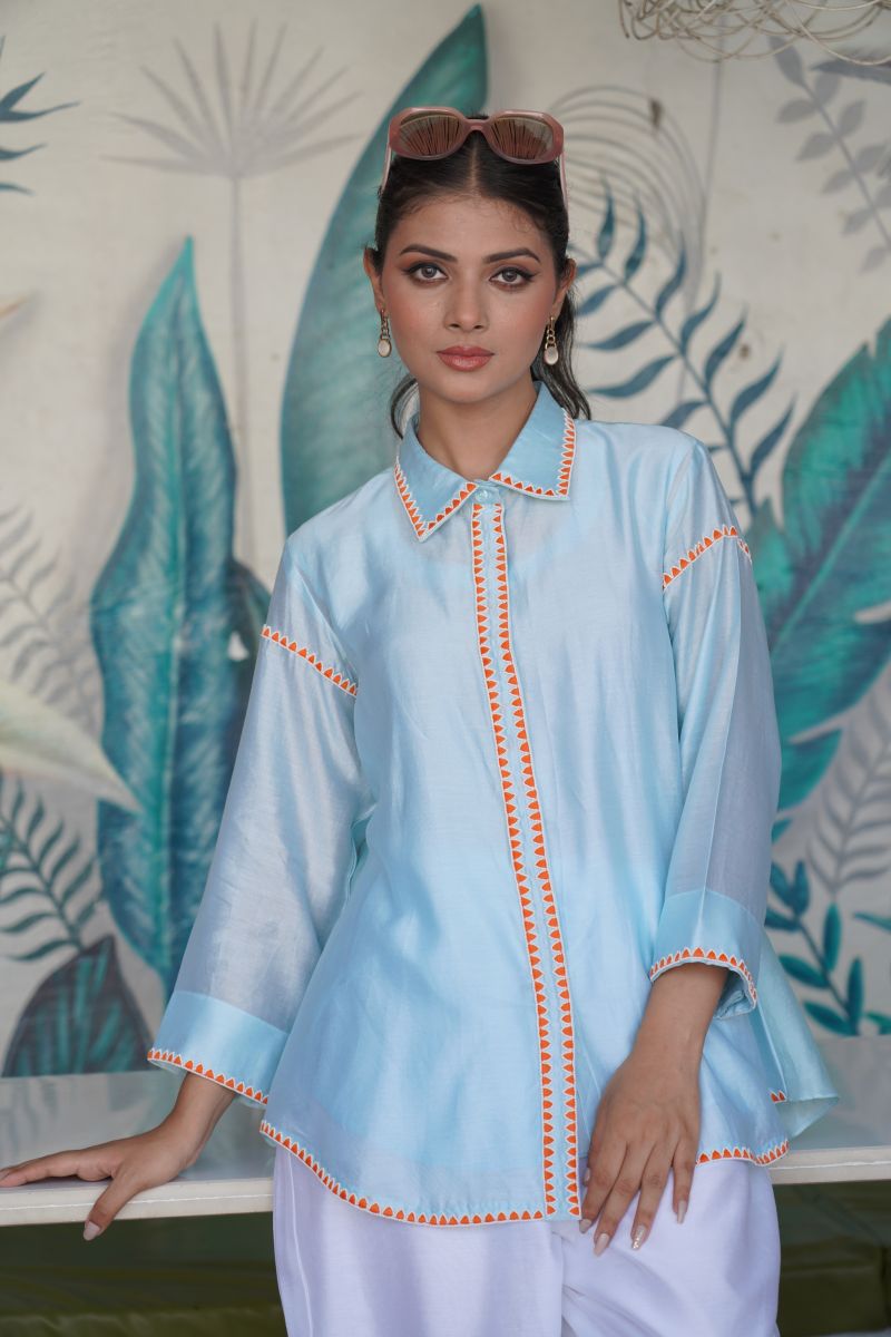 Chanderi Shirt With Playful Orange Resham Work