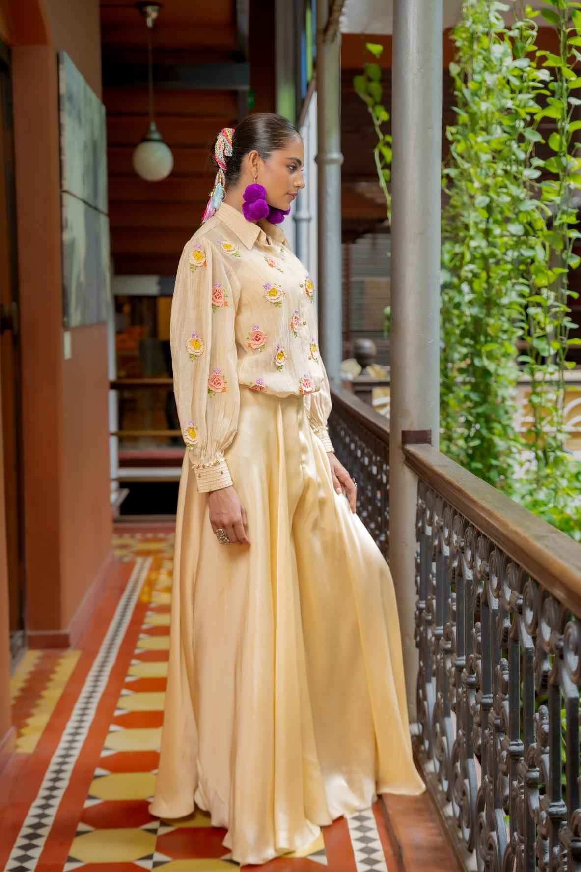 Beige Organza Satin Flared Pant Set