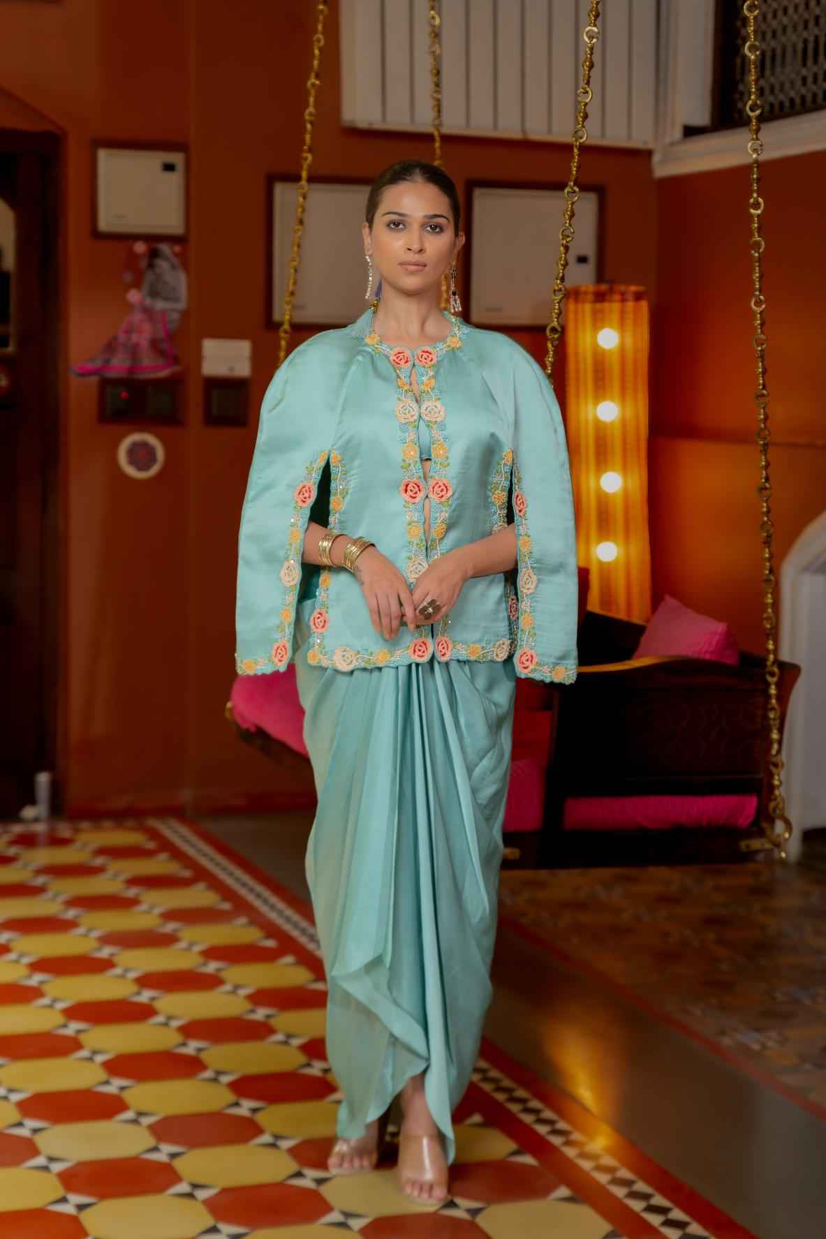 Blue Organza Satin Dreped Skirt Set