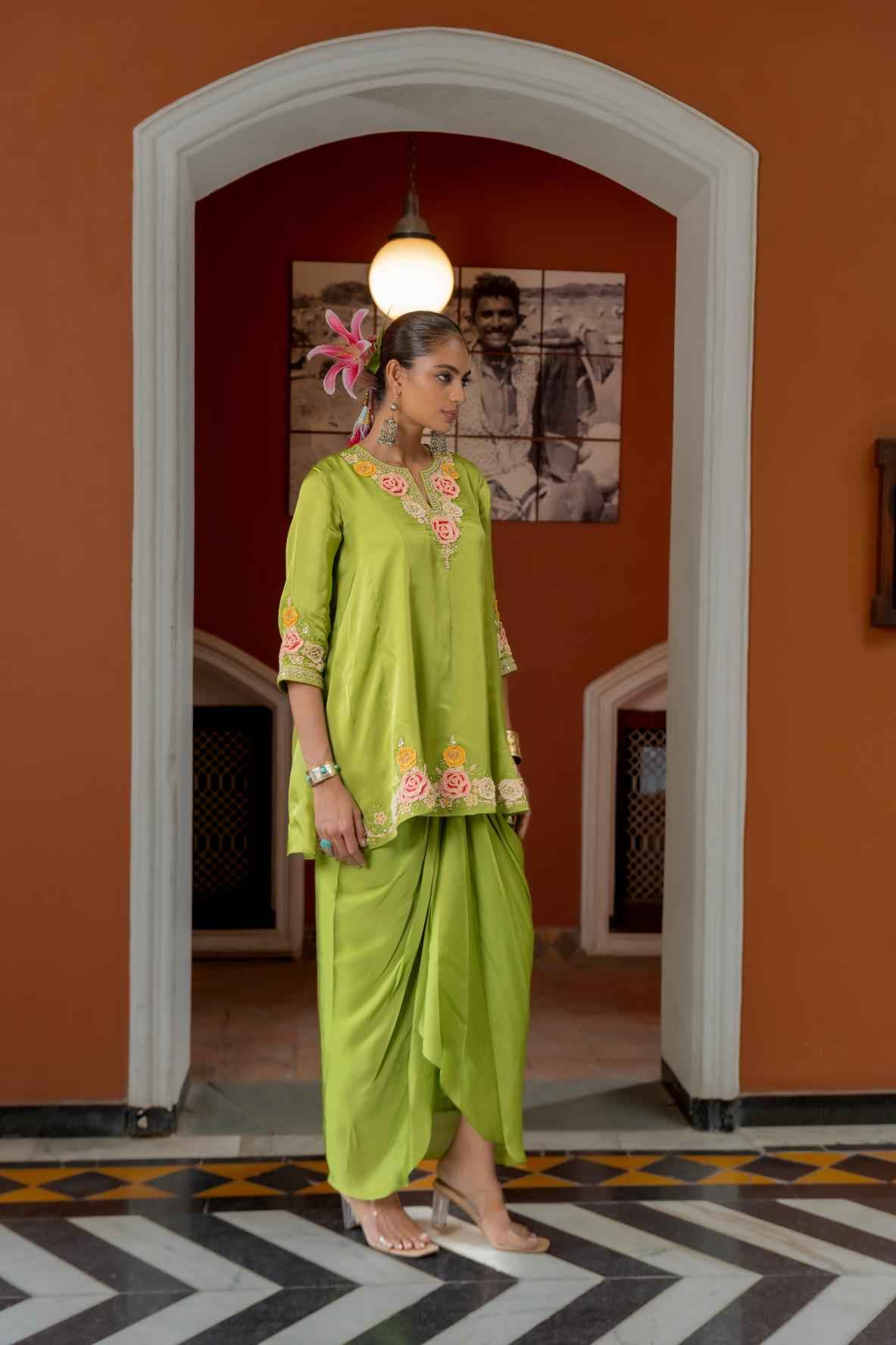 Green Organza Satin Draped Skirt Set