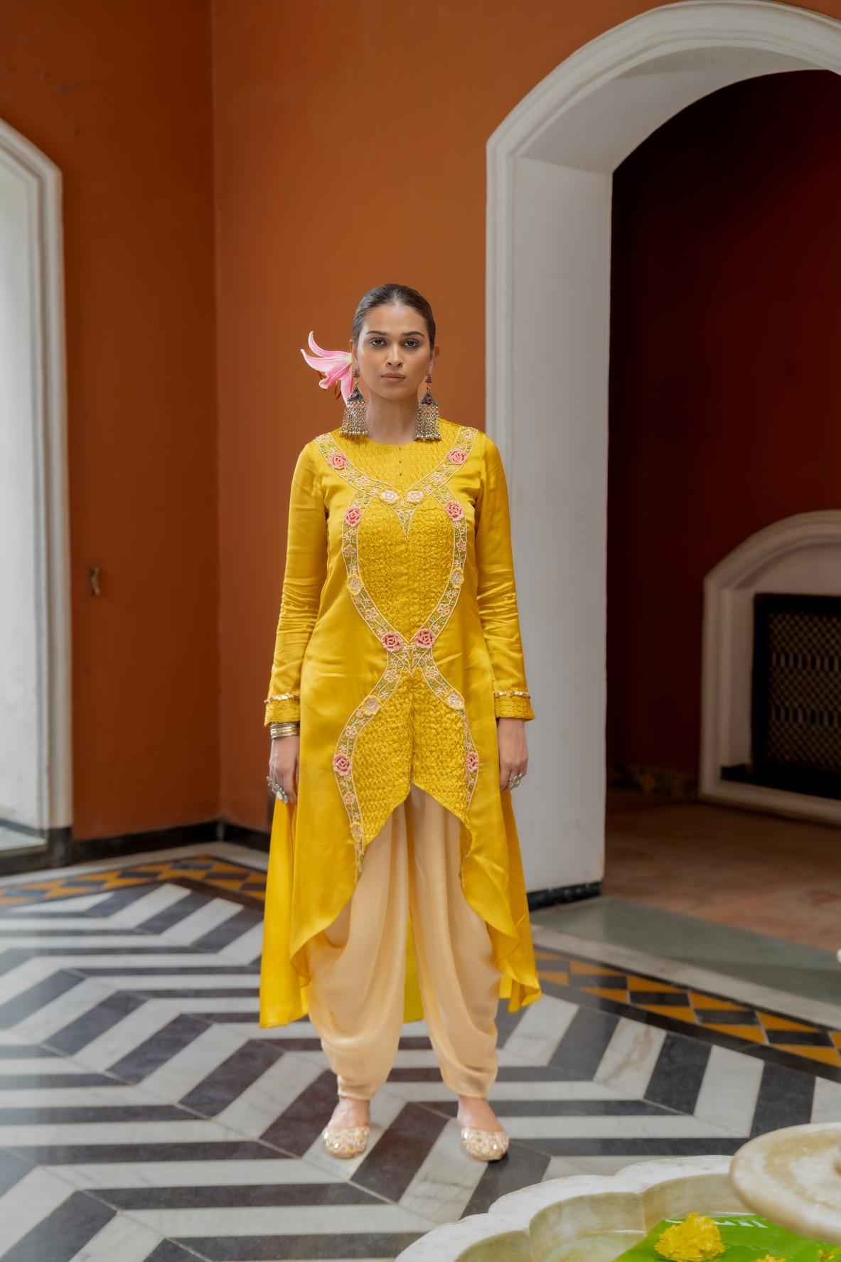 Musturd Organza Satin Dhoti Pent Set