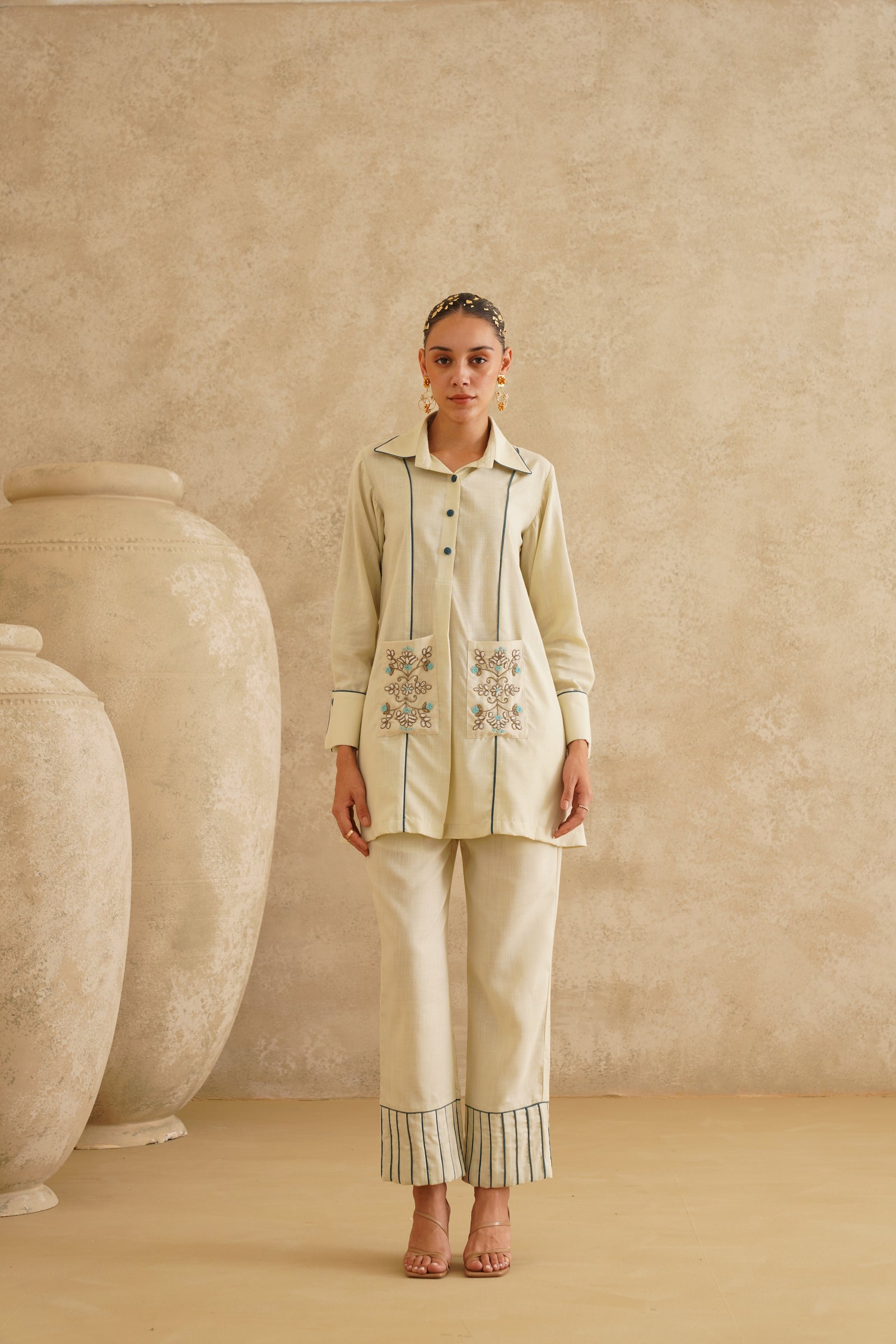 Cream Embellished Pocket
 Tunic Set