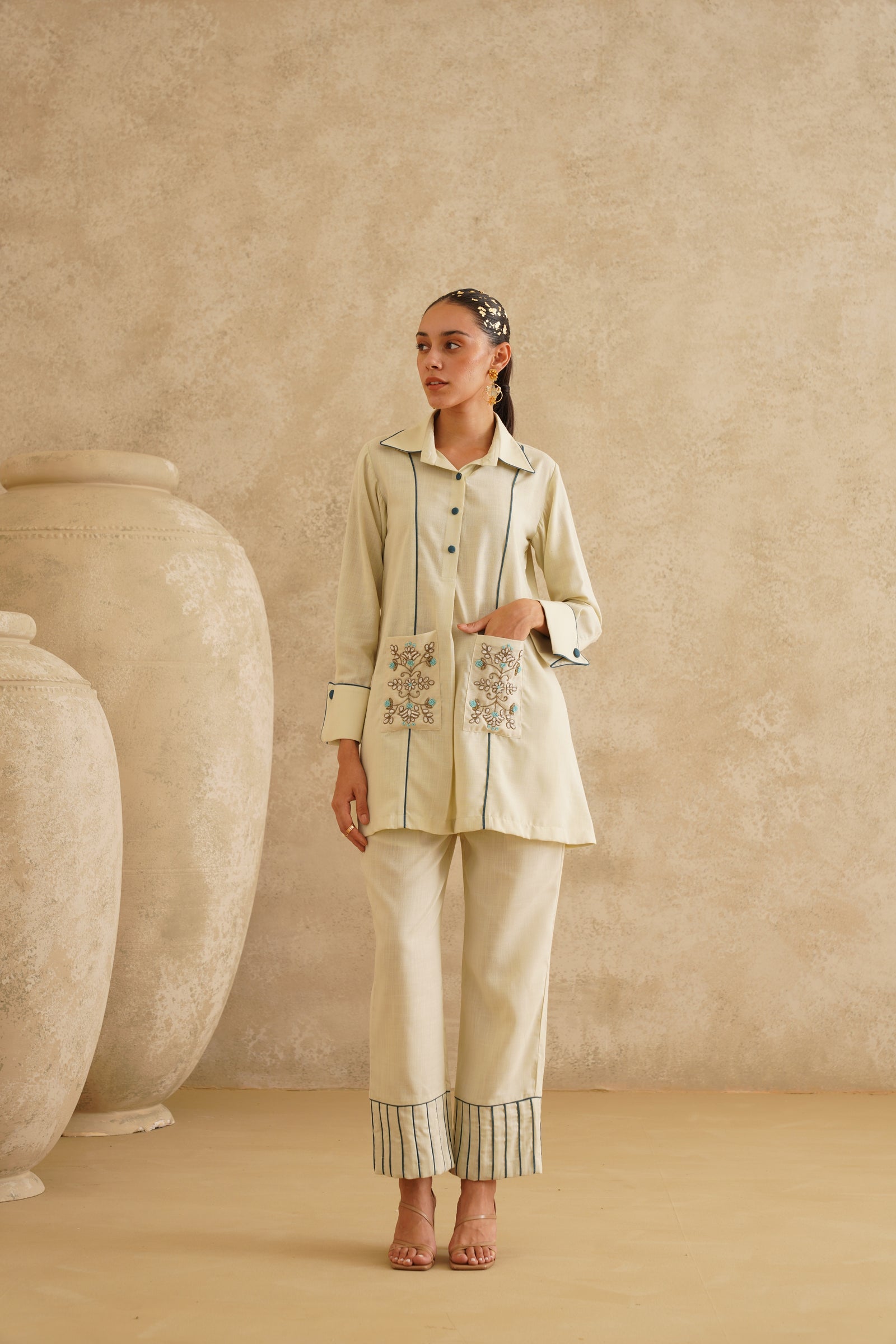 Cream Embellished Pocket
 Tunic Set