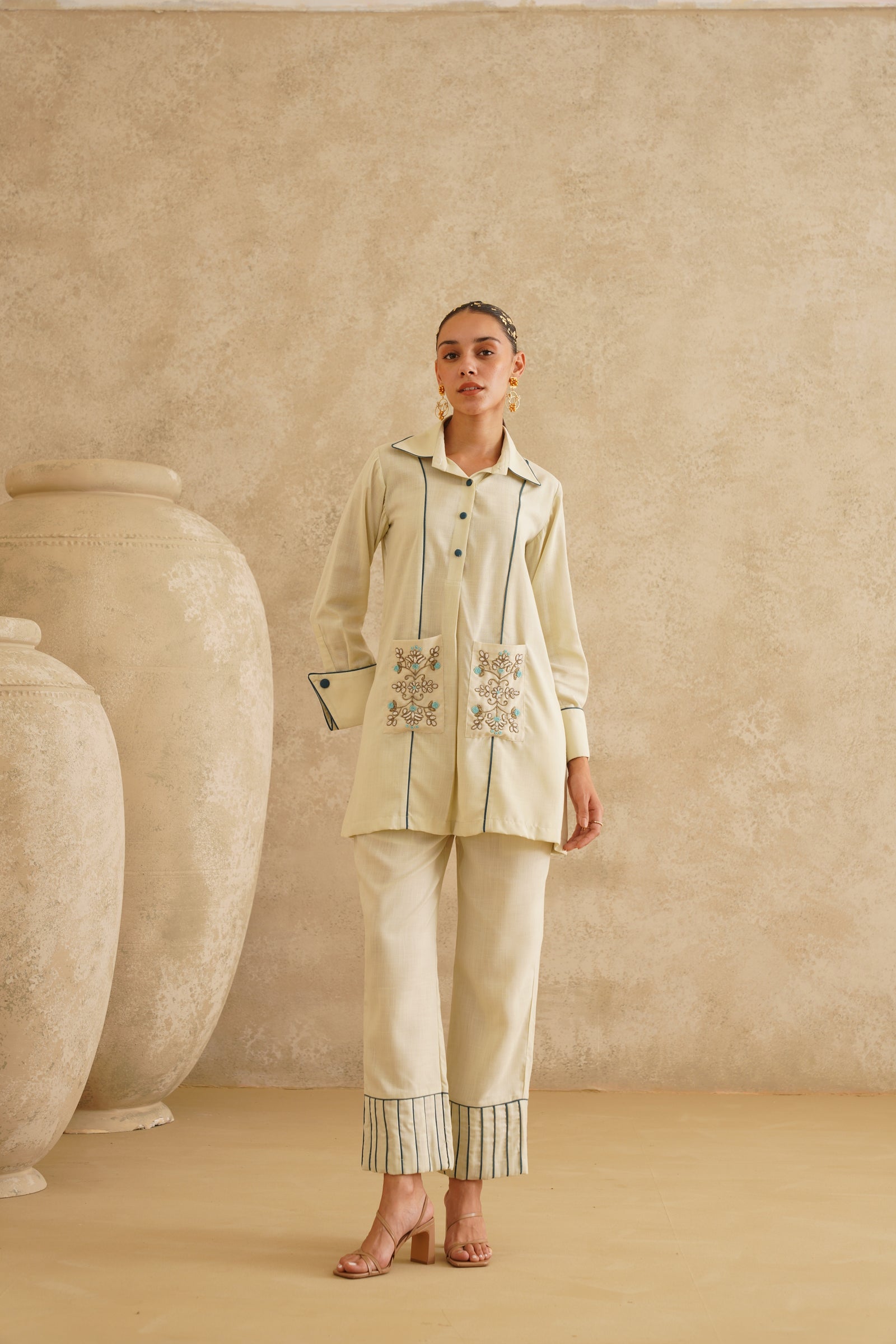 Cream Embellished Pocket
 Tunic Set