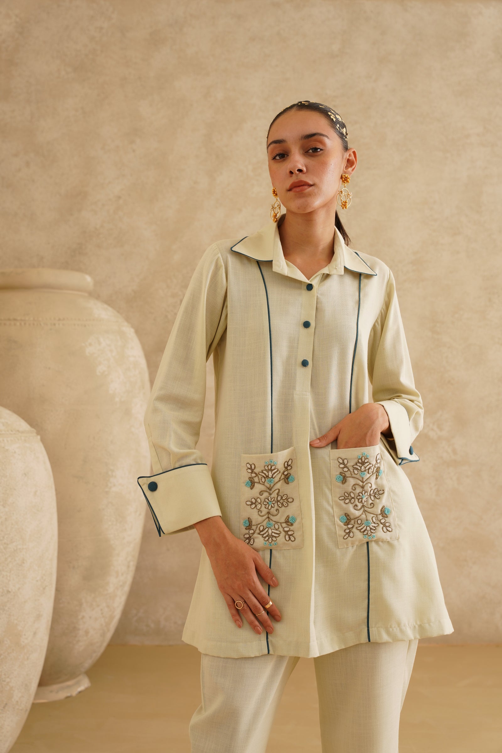 Cream Embellished Pocket
 Tunic Set