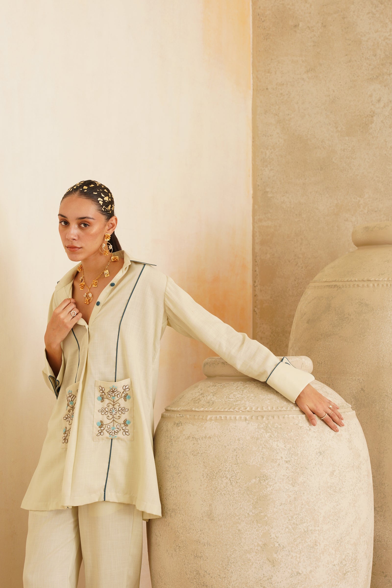 Cream Embellished Pocket
 Tunic Set