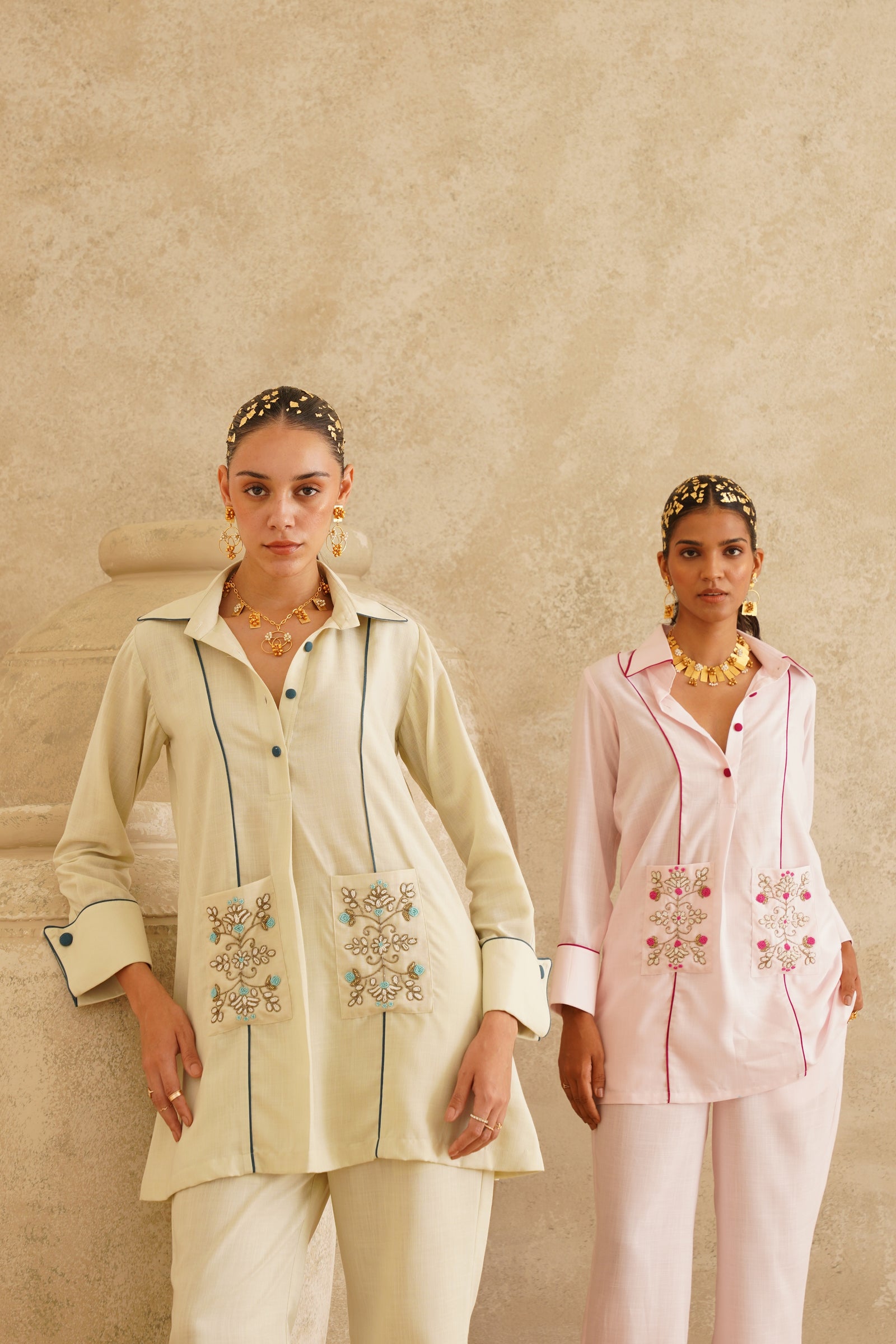 Cream Embellished Pocket
 Tunic Set