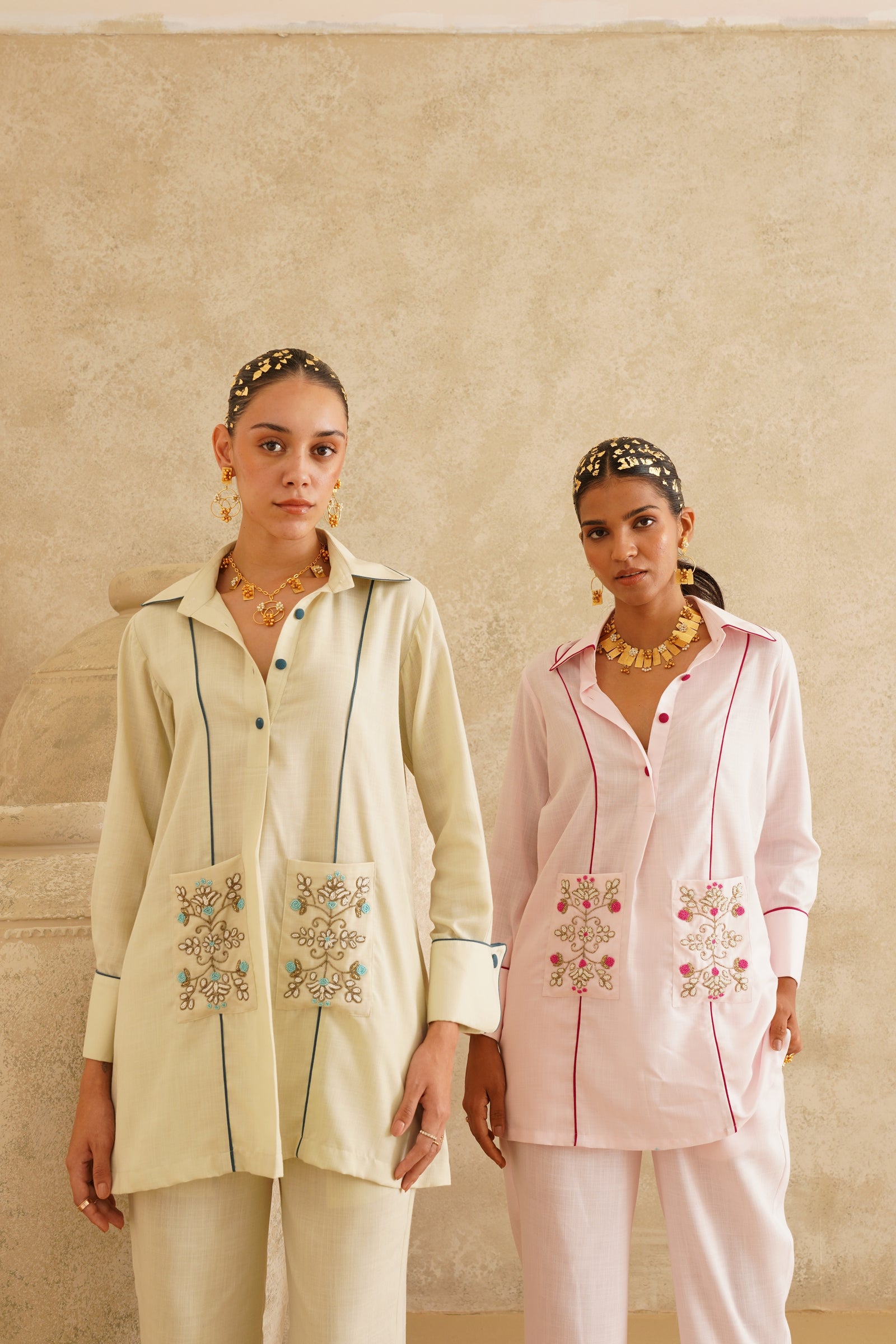 Cream Embellished Pocket
 Tunic Set