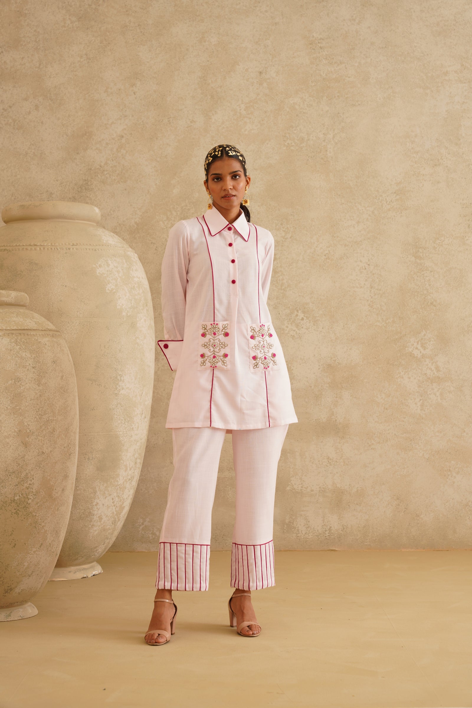 Pink Embellished Pocket
 Tunic Set