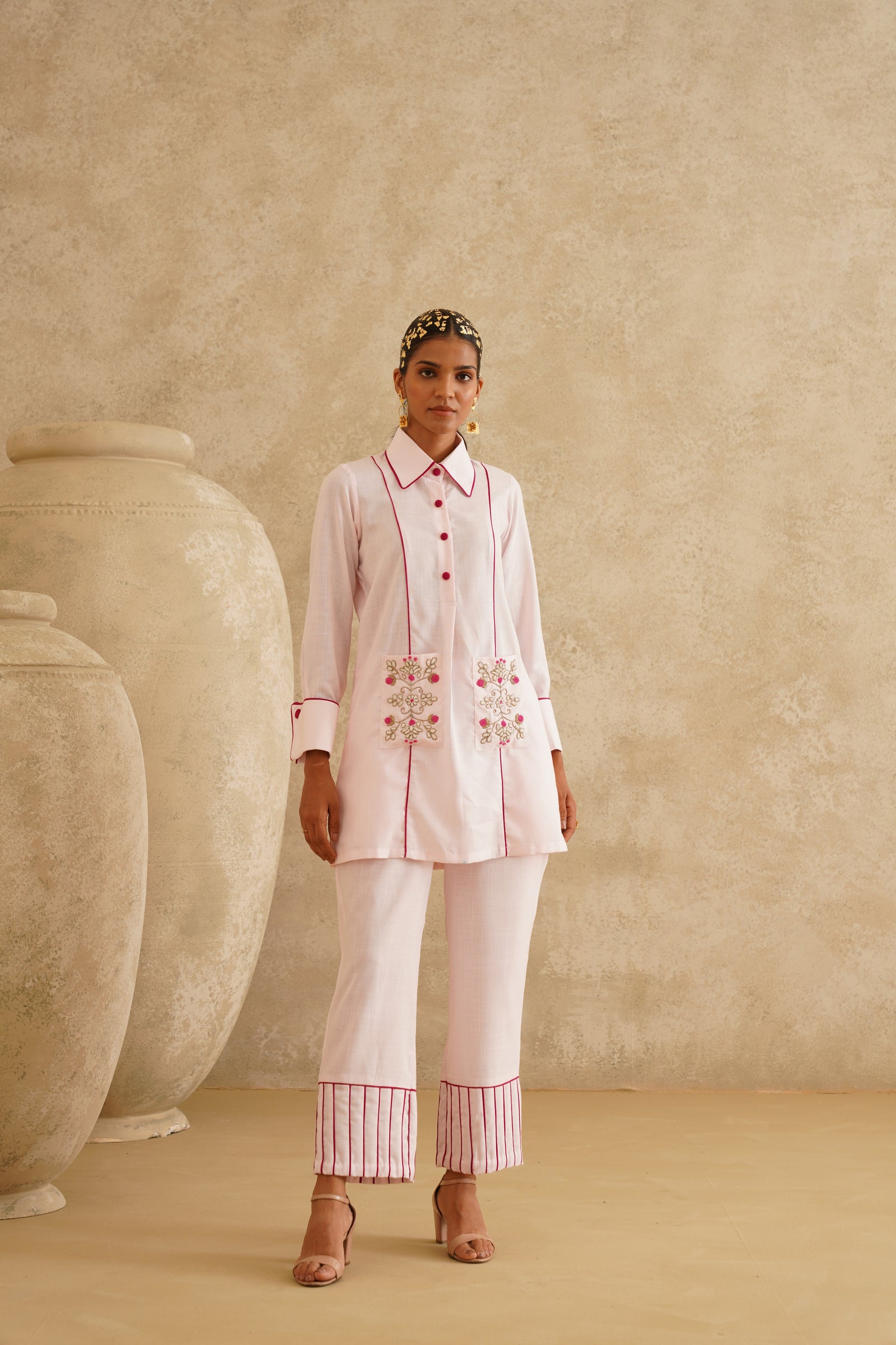 Pink Embellished Pocket
 Tunic Set
