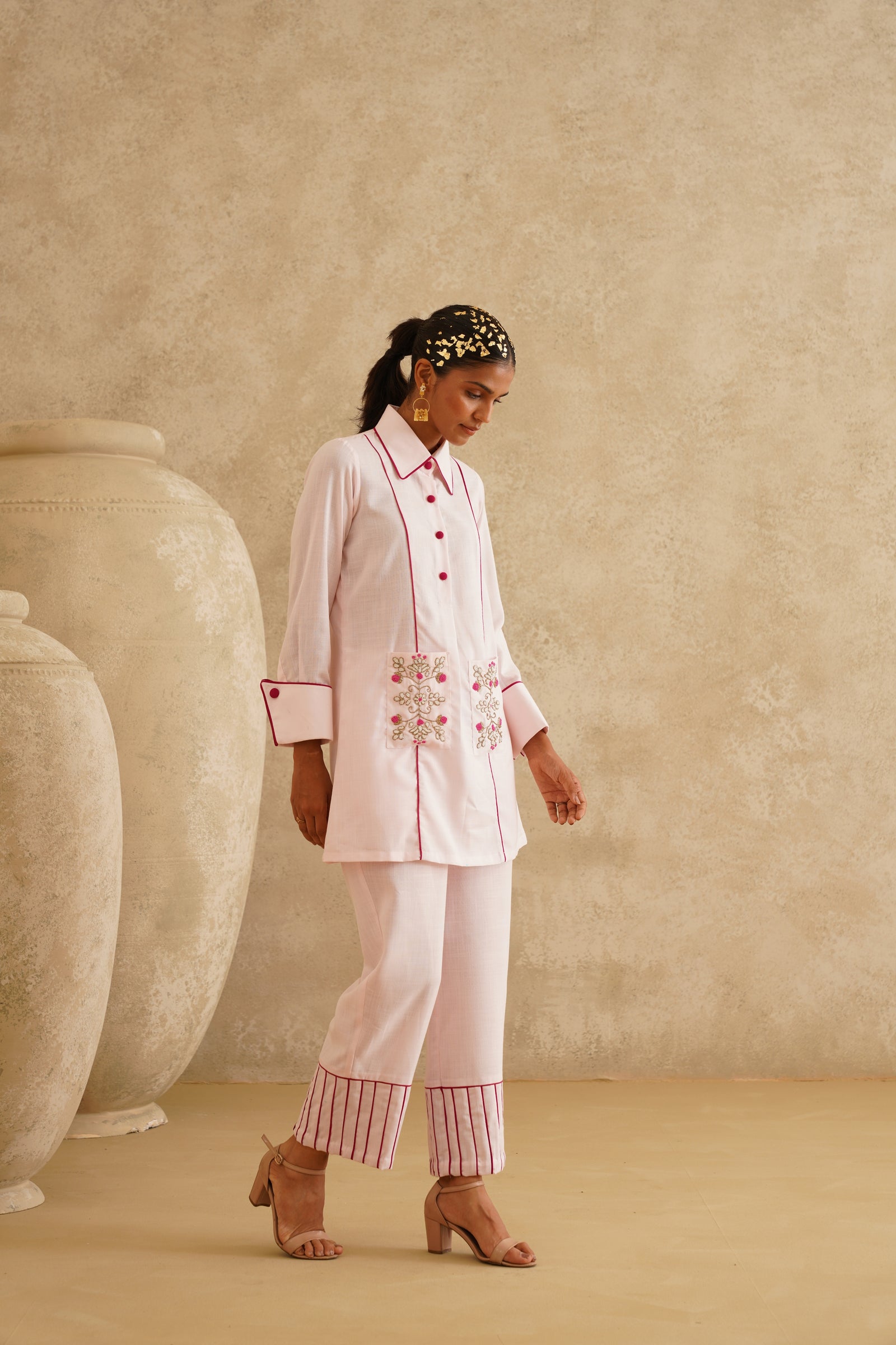 Pink Embellished Pocket
 Tunic Set