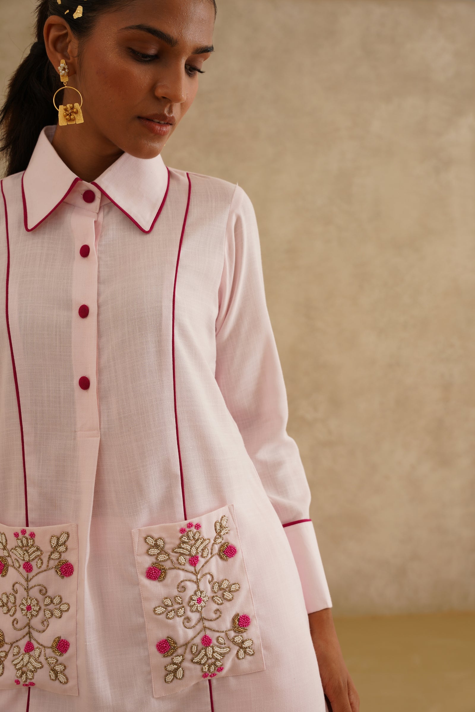 Pink Embellished Pocket
 Tunic Set
