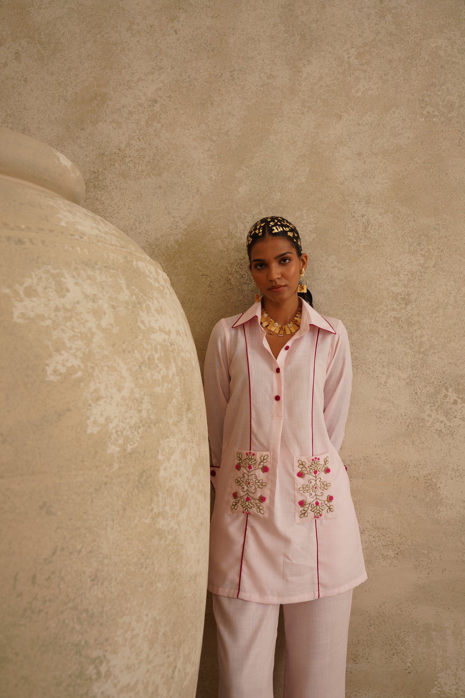 Pink Embellished Pocket
 Tunic Set