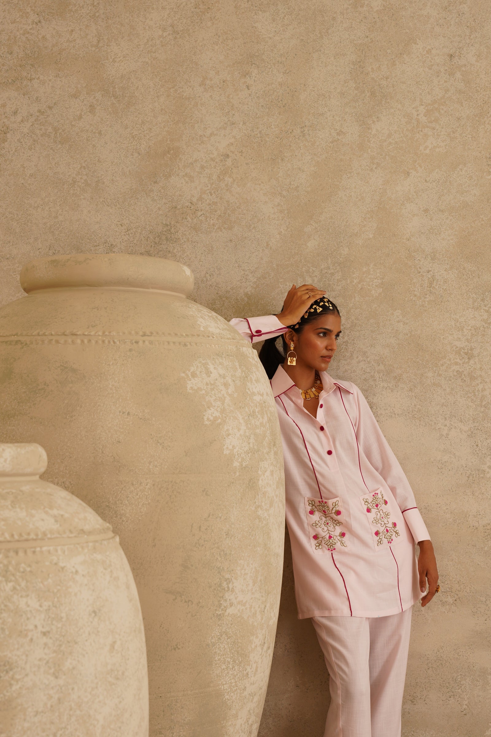 Pink Embellished Pocket
 Tunic Set
